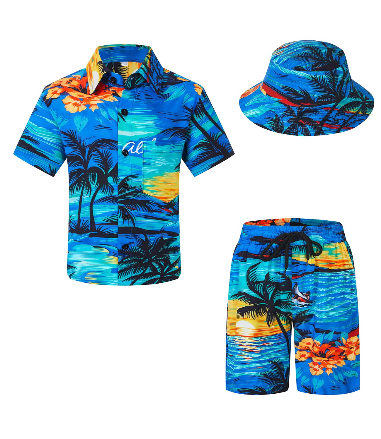 SPKPKEY Boys Hawaiian Summer Outfit Short Sleeve Button Down Shirt Shorts and Bucket Hat for Kids 11-12 Years