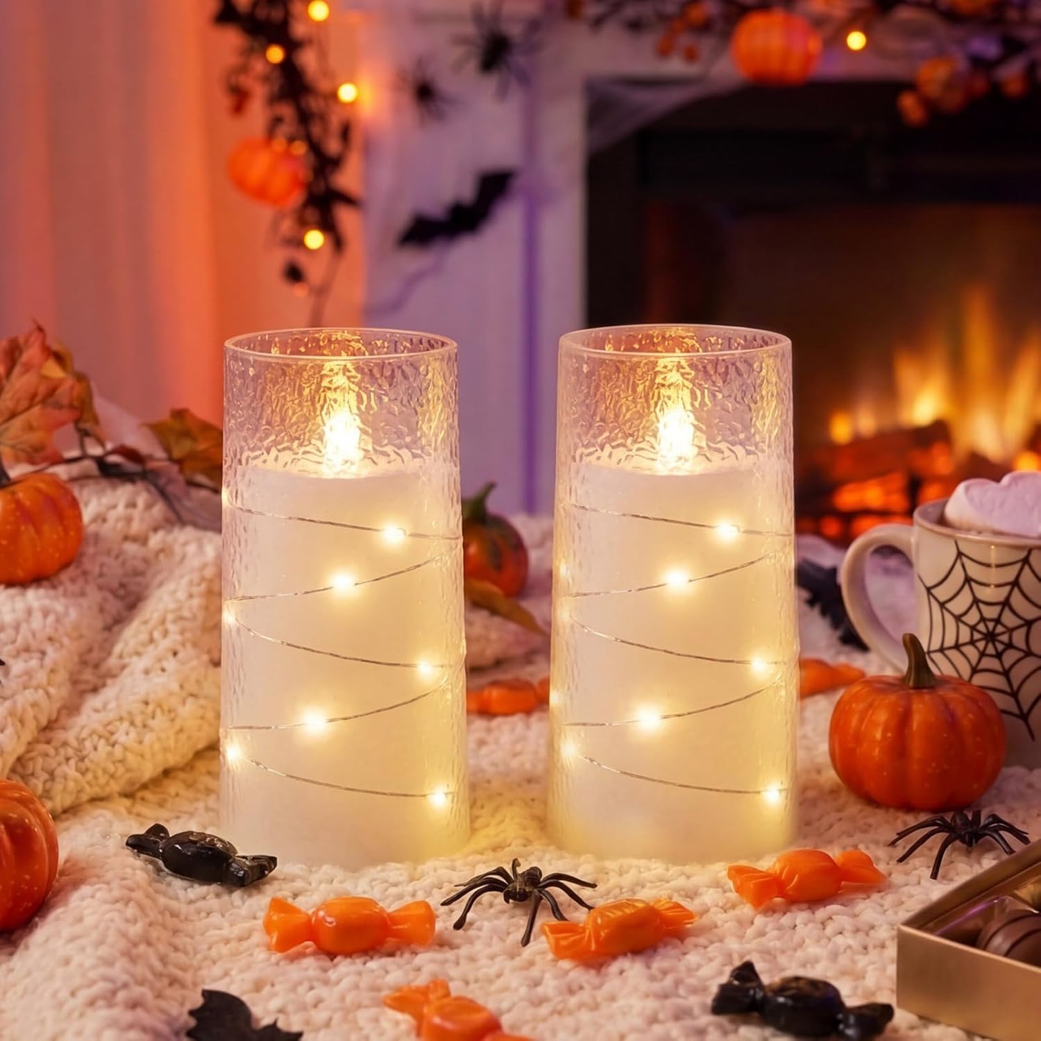 Homemory Upgraded Flameless Candles Flickering with Remote & Timer, 3x6 Inch LED Pillar Candles Battery Operated, Textured Wave Shell with Fairy String Lights, Fake Candle for Wedding, Home Decor