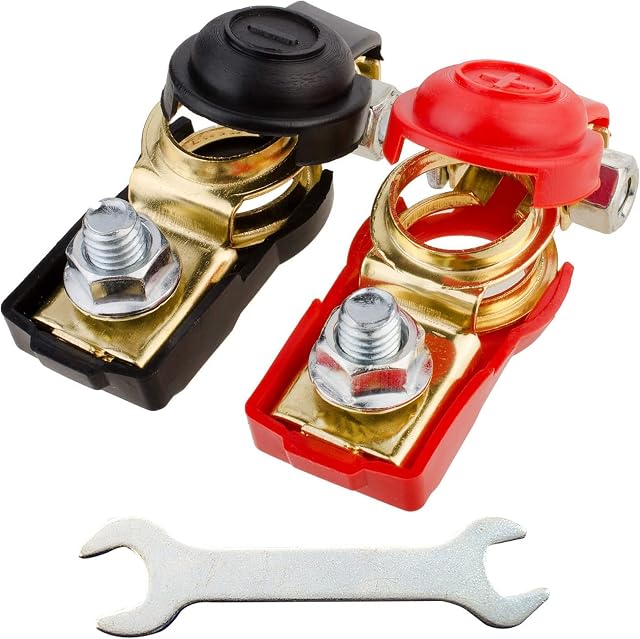 2 Pcs Car Battery Terminal Connectors Quick Release 12V Battery Clamps with Double-Ended Wrench, Leisure Battery Terminal Connectors for Car Boat Truck Van Caravan Battery Terminal