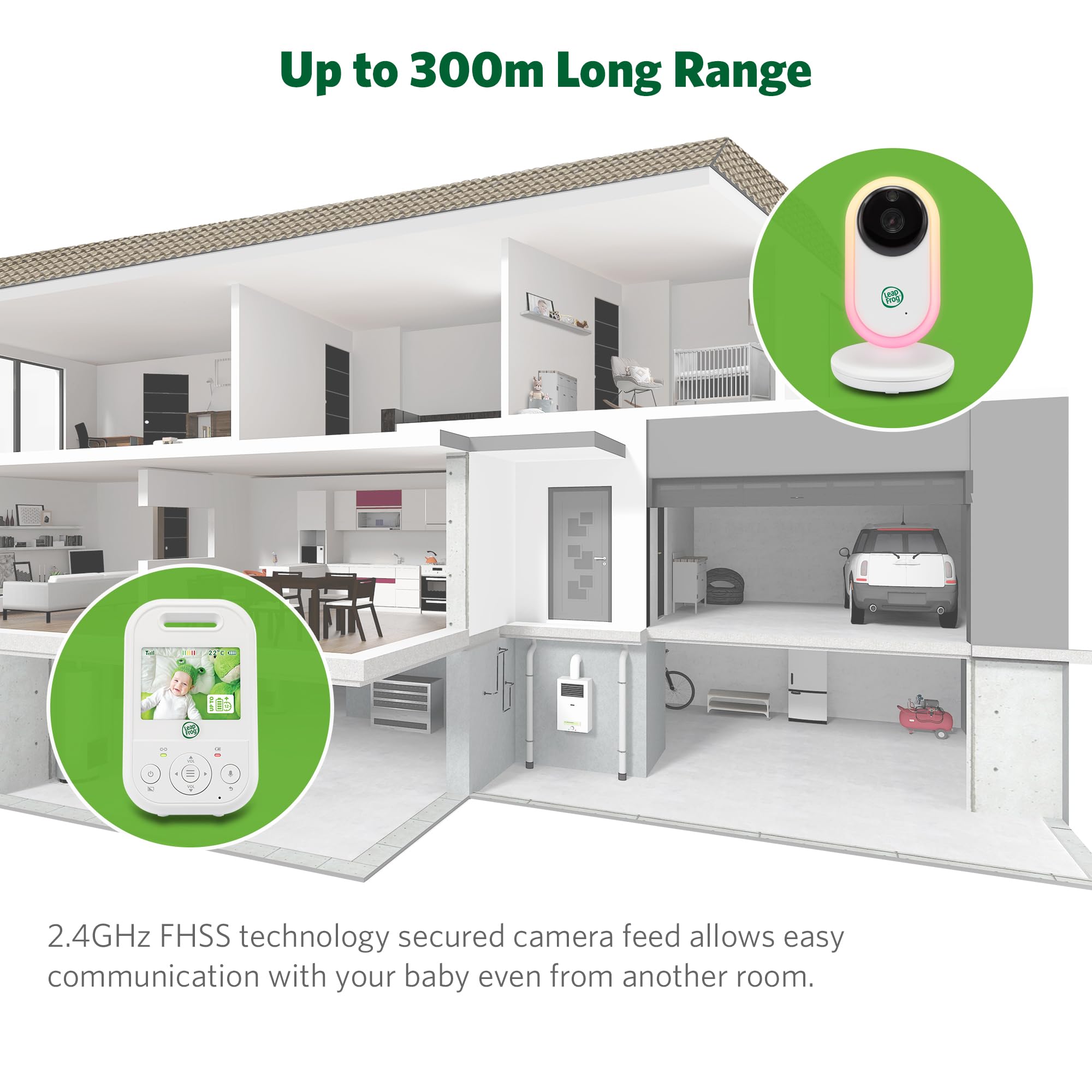 LeapFrog LF2413 Moniteur vidéo pour bébé avec caméra. Portée de 300 m, Moniteur pour bébé avec écran Couleur IPS de 2,8", Sons apaisants, Zoom 2X, capteur de température, Mode Activation du Bruit,