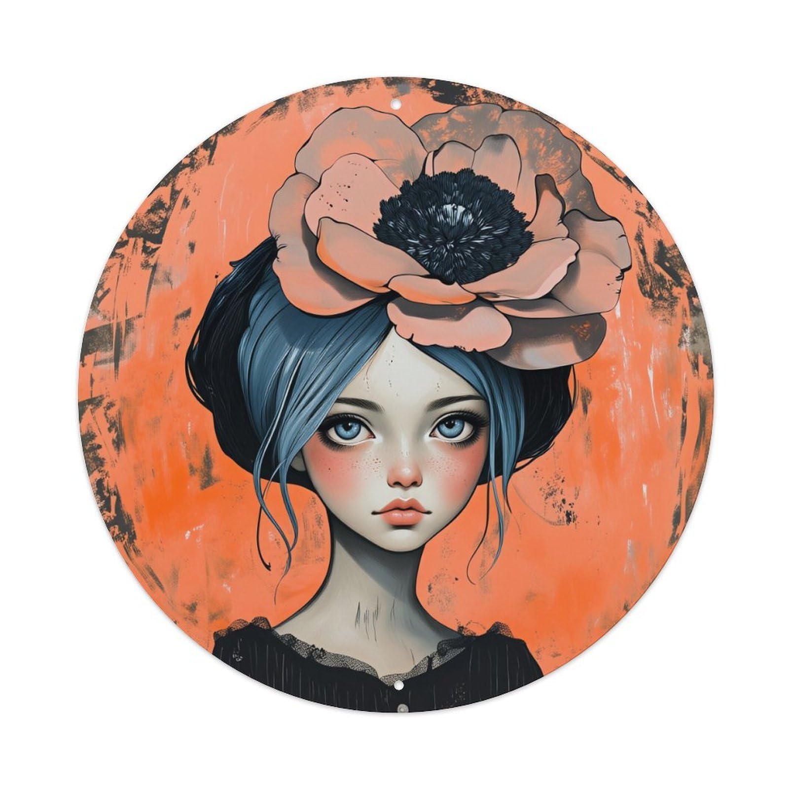 Floral Headpiece Blue Hair Orange Background Round Tin Sign Vintage Metal Poster, Home Bar Garage Man Cave Cafe Indoor & Outdoor Wall Decoration 8x8Inches