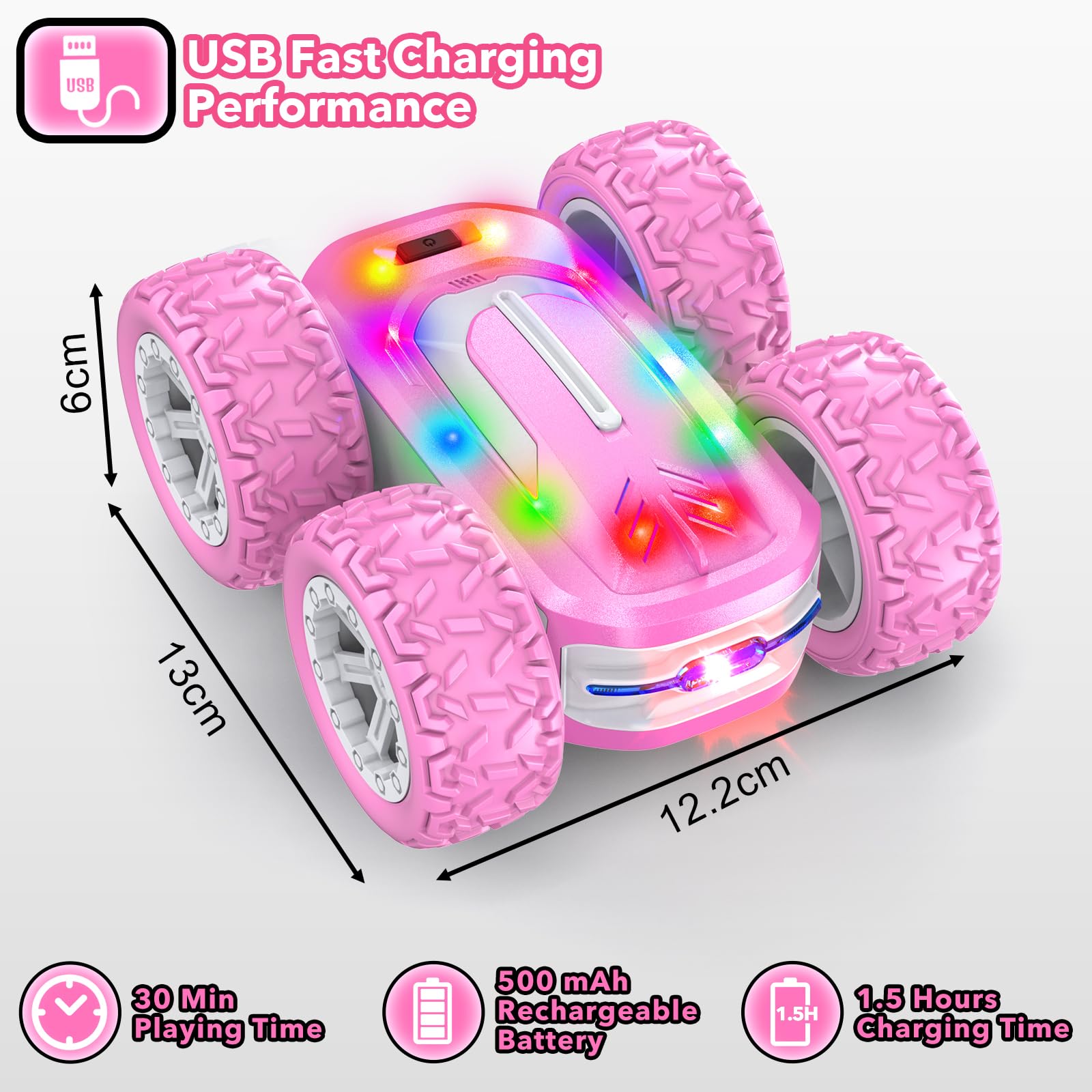 Voiture Télécommandée Fille, Jouet Enfant 6 7 8 9 10 Ans 4x4 Voiture de Course Cascadeuse Tout Terrain 360° Rotation avec Lumière LED RC Drift Camion Monster Truck Cadeaux Filles Jeux Exterieur Jardin