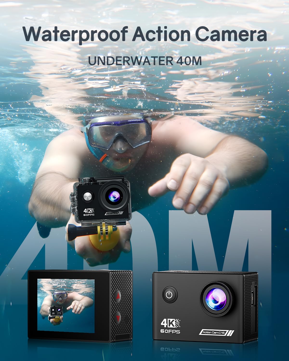 Cámara de acción 4K60FPS Impermeable 40 m, Tarjeta SD 64 GB, estabilización 6 Ejes, Zoom 8X, Mando a Distancia 2,4 GHz, Accesorios