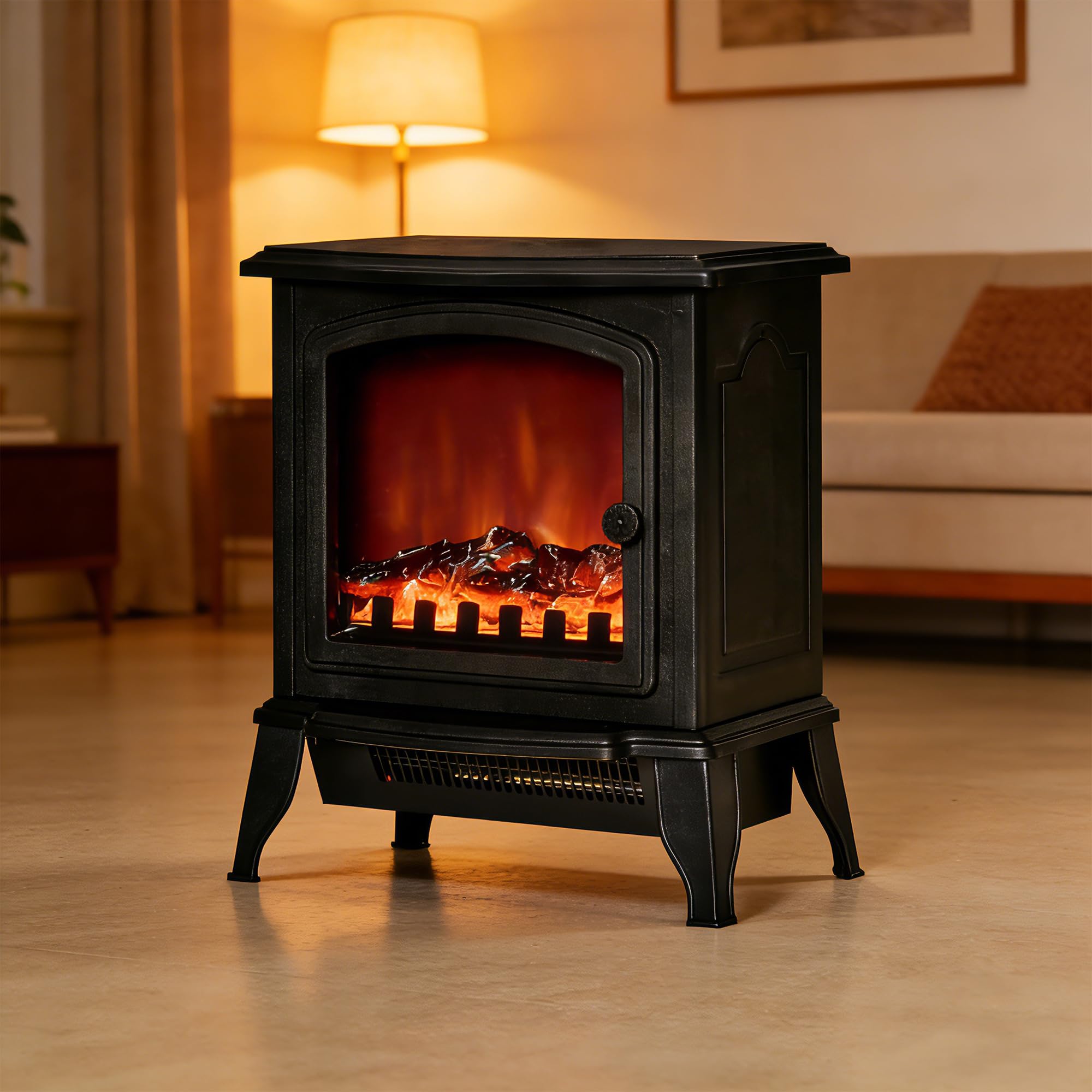 HOMCOM Camino Elettrico da Terra con Potenza Regolabile 1000W/2000W ed Effetto Fiamma Realistico, Caminetto Portatile in ABS e Vetro Temperato, 36.5x24x45.5 cm, Nero