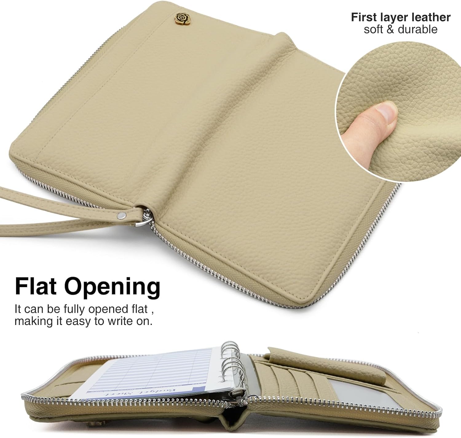 A6 Binder Cash Envelope System Wallet, Money Saving Budget Planner Notebook, 6 Rings Refillable Compact Cash Stuffing Binder, RFID Zipper Planner with Genuine Leather Cover (Gray)