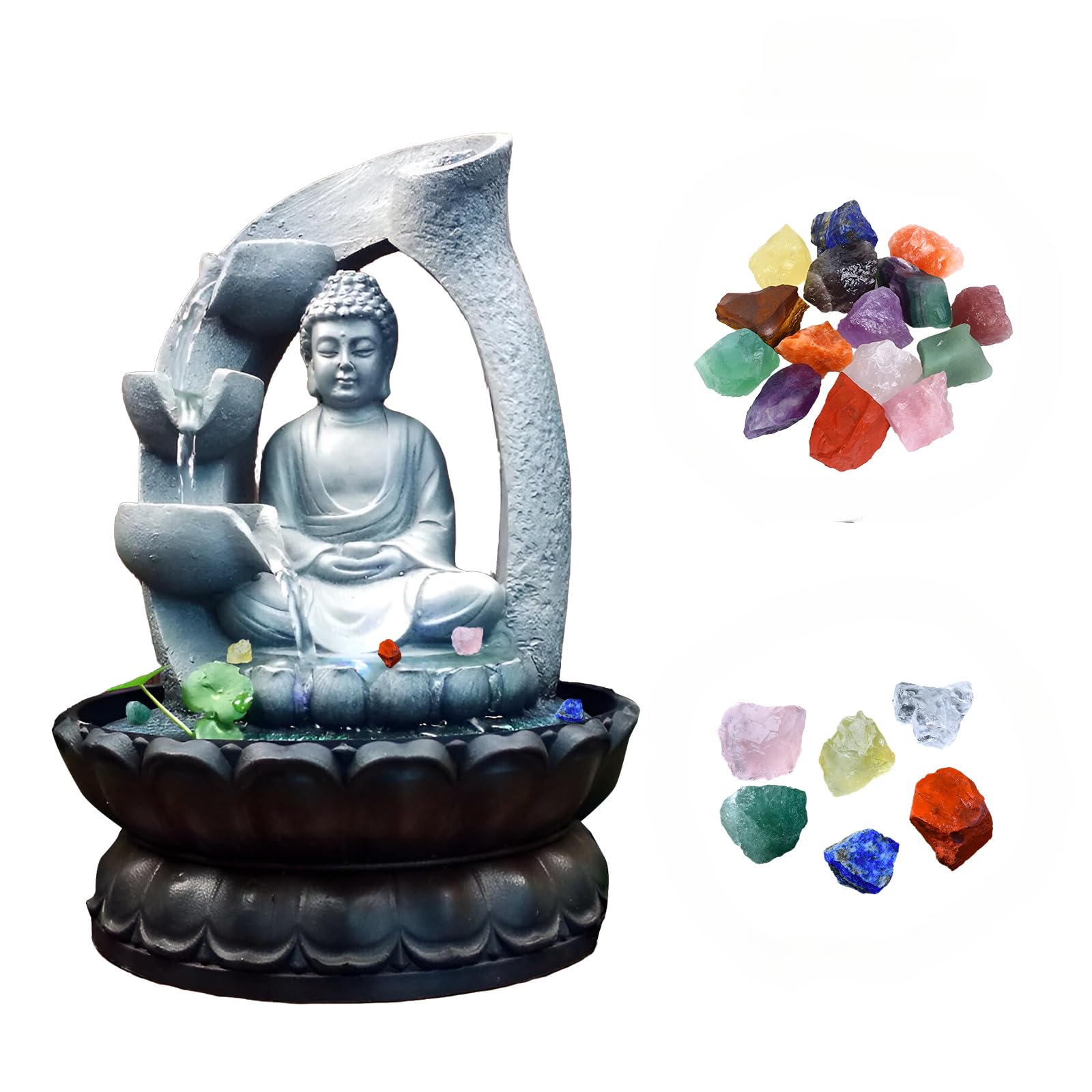 Fontana da Tavolo in Resina, Cascata Decorativa, Fontana Zen, Design Buddha, Illuminazione LED, Pietre Decorative, + 10 Kristalle, per Interni, per Ufficio, Spa