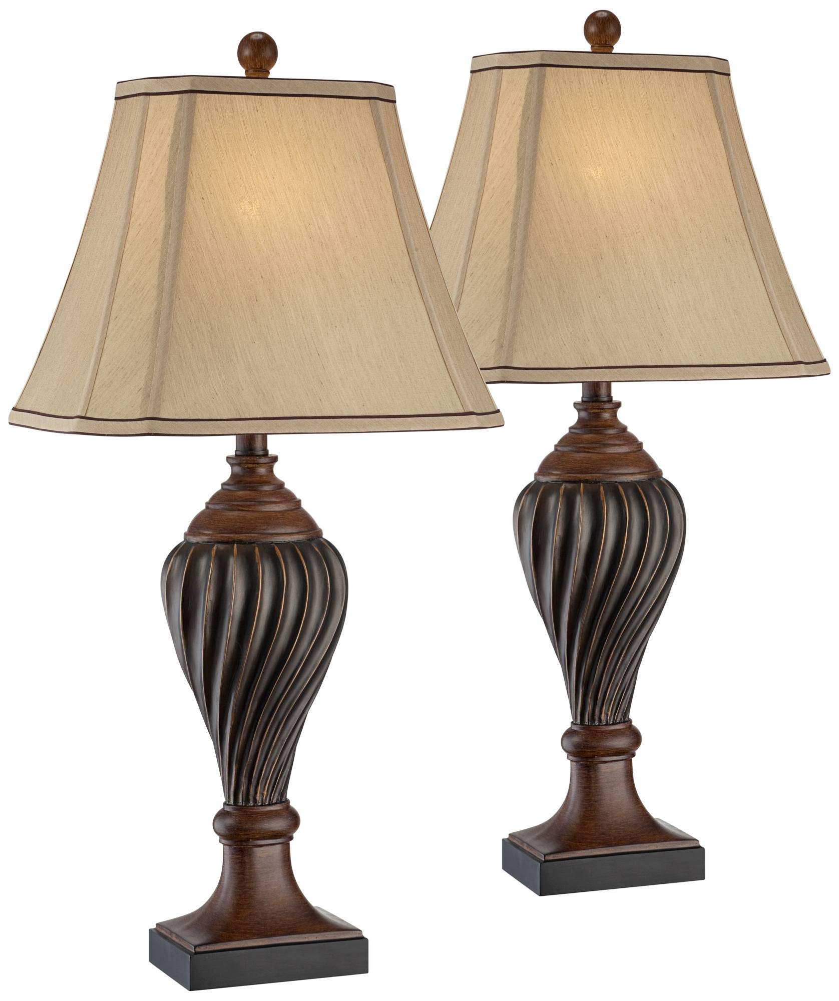 Regency Hill Carved 28 1/2" Tall Urn Traditional End Table Lamps Set of 2 Two-Tone Brown Finish Beige Shade Living Room Bedroom Bedside Nightstand House Office Home Kitchen Entryway Console Family