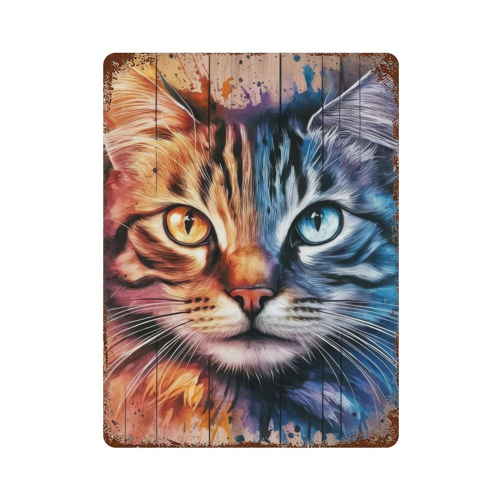 Colorful Cat Portrait 15.7"x11.8" Rustic Tin Plaque, Industrial Home Decor for Farmhouse, Kitchen And Entryway Decor