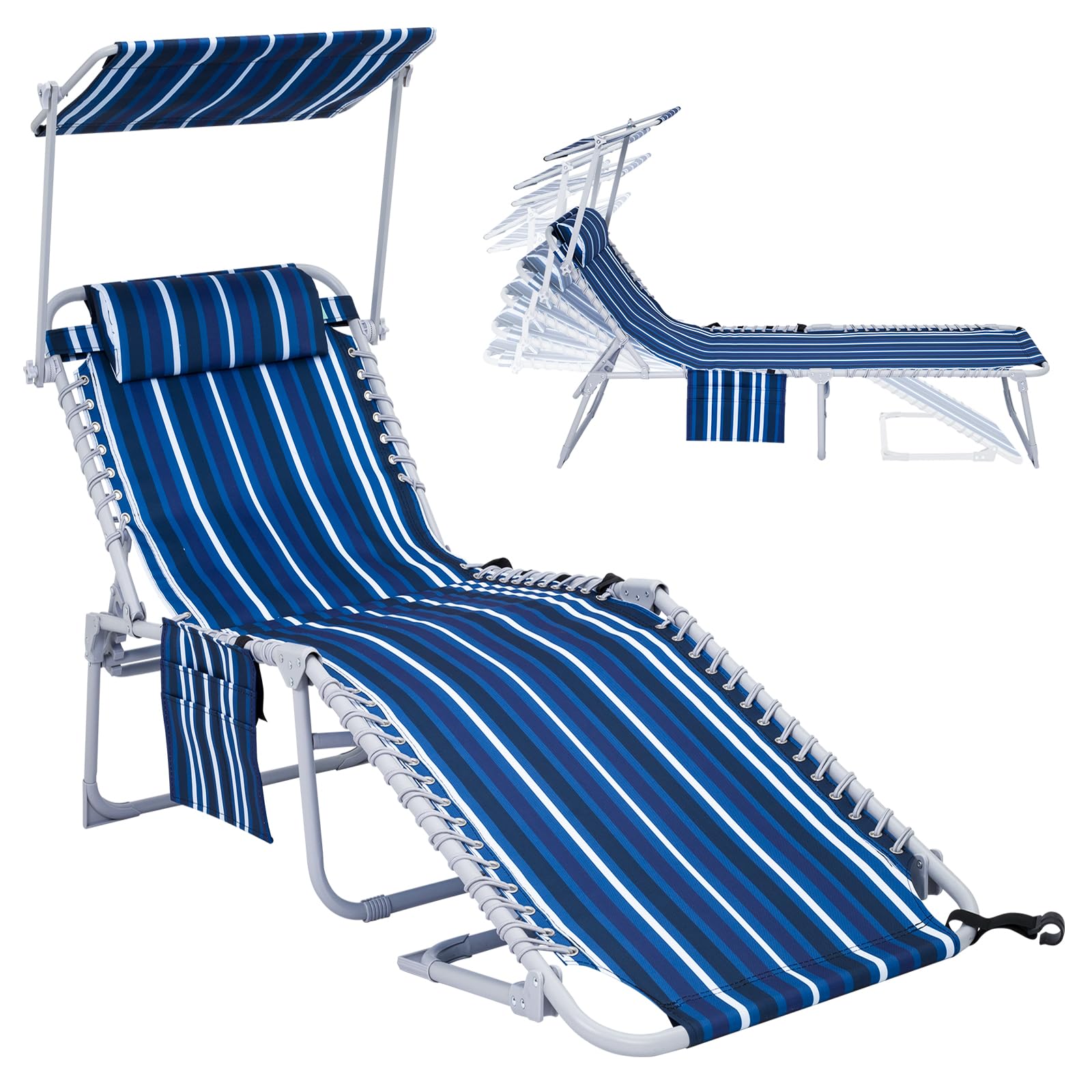Photo 1 of #WEJOY Folding Lounge Chair with Canopy Shade, Portable Adjustable 5-Position Patio Chaise Lounger with Pillow & Pouch for Lay Flat Outdoor Lawn Backyard Beach Camping Pool Tanning (Blue White)