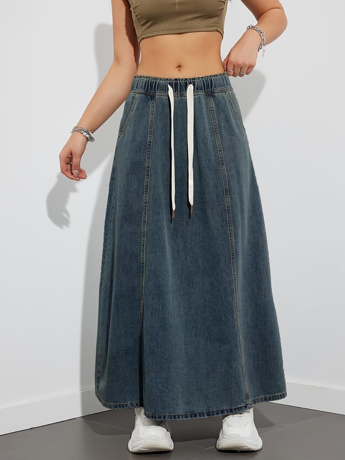 chouyatou Women's Casual Paperbag Elastic High Waist A Line Long Maxi Flare Denim Skirt - Image 4