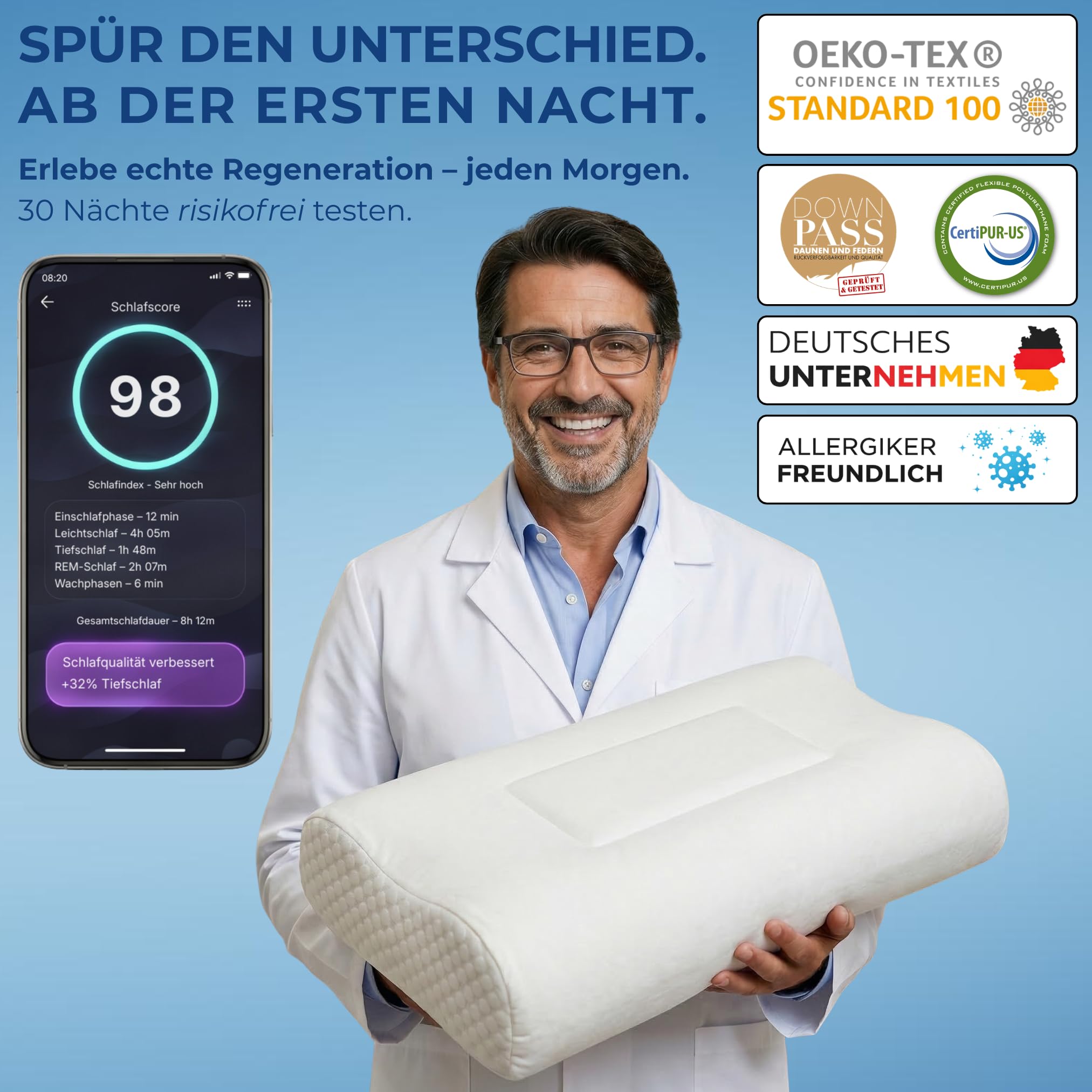 Sleem Almohada cervical híbrida – Almohada ergonómica con núcleo de espuma viscoelástica y comodidad de plumón · Se puede utilizar por ambos lados · Altura ajustable · Para dormir de lado y de espalda