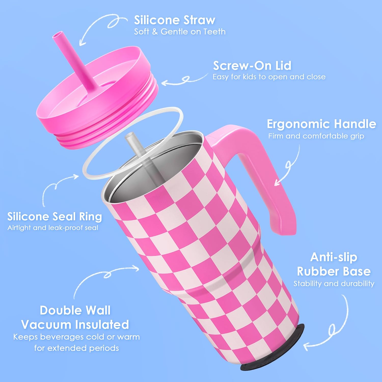 Checkered Tumbler 20oz with Handle and Silicone Straw Lid for Kid, Reusable Stainless Steel Water Bottle, Spill Proof and Leak Resistant, Gift for Kids Girls - Image 3