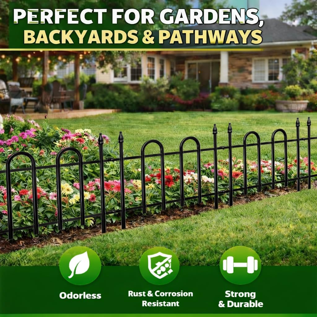 Decorative Metal Garden Fence 19" H x 22" L (4 Panels, Total Length 7.2 feet) Metal Border Folding Fence, Landscape Fencing for Yard, Animal Barrier,Flower Bed