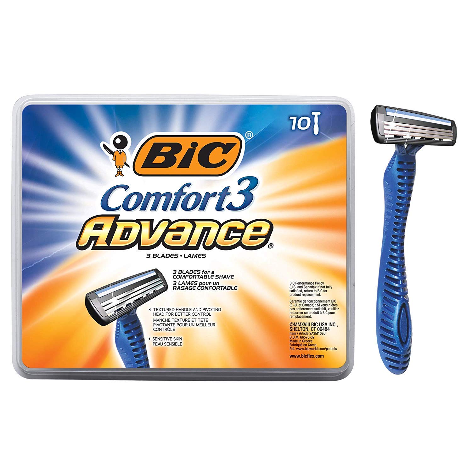 BIC Comfort 3 Advance Disposable Razor, Blue, 10 Pack
