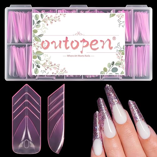 outopen 150pcs Long V Tapered Nail Tips Clear Pink Full Cover Nail Extension Art Tips Long V Shape Nail Tips for Polygel Acrylic Extension Beginners DIY Manicure, 15 Sizes
