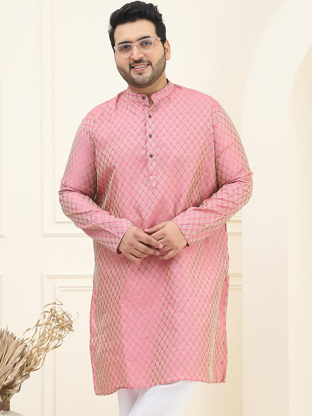 Sojanya Plus (Since 1958) Men's Silk Blend Pink Self Design Only Long Kurta