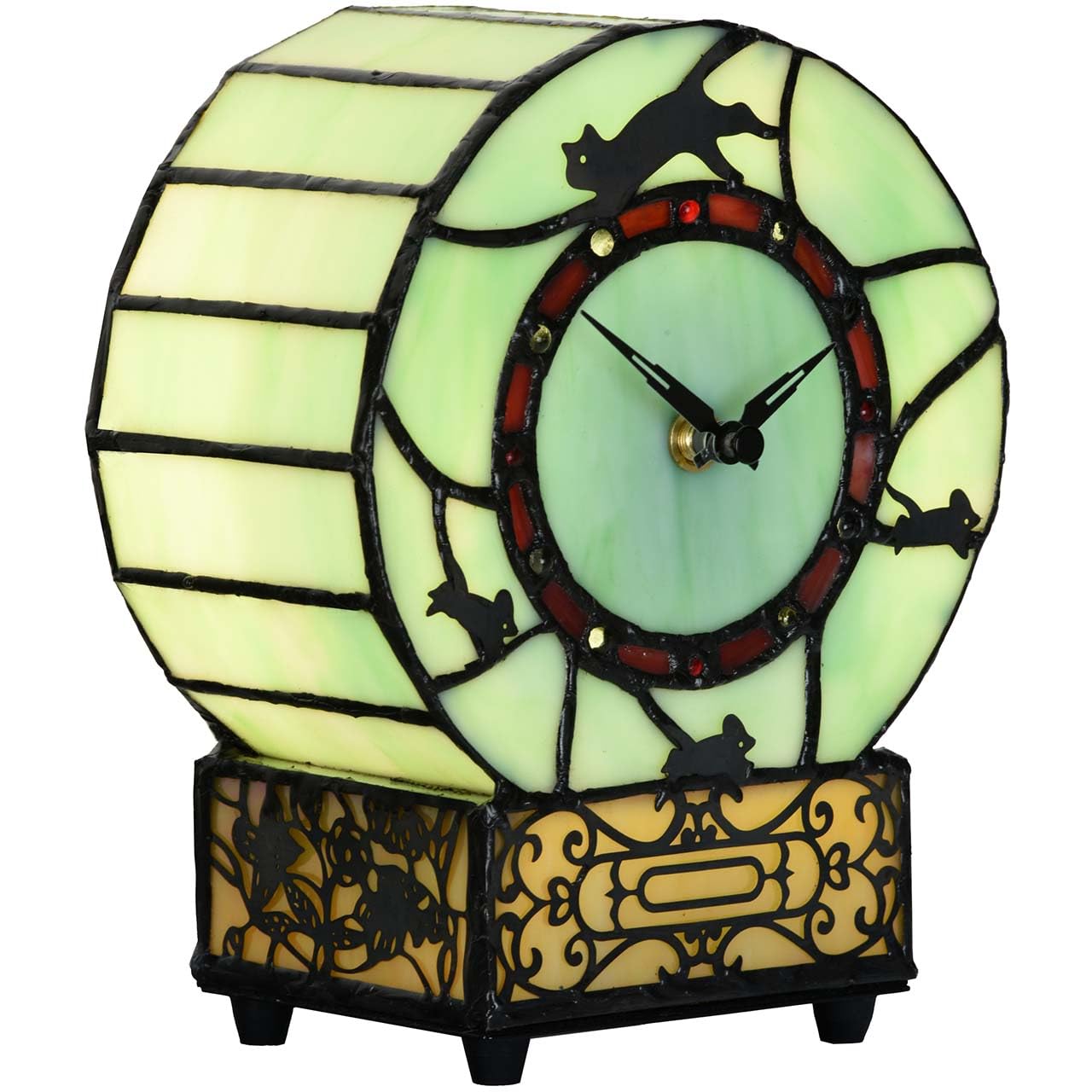 Bieye L10970 Cat and Mouse Tiffany Style Stained Glass Desk Clock Table Lamp for Home Decor Green