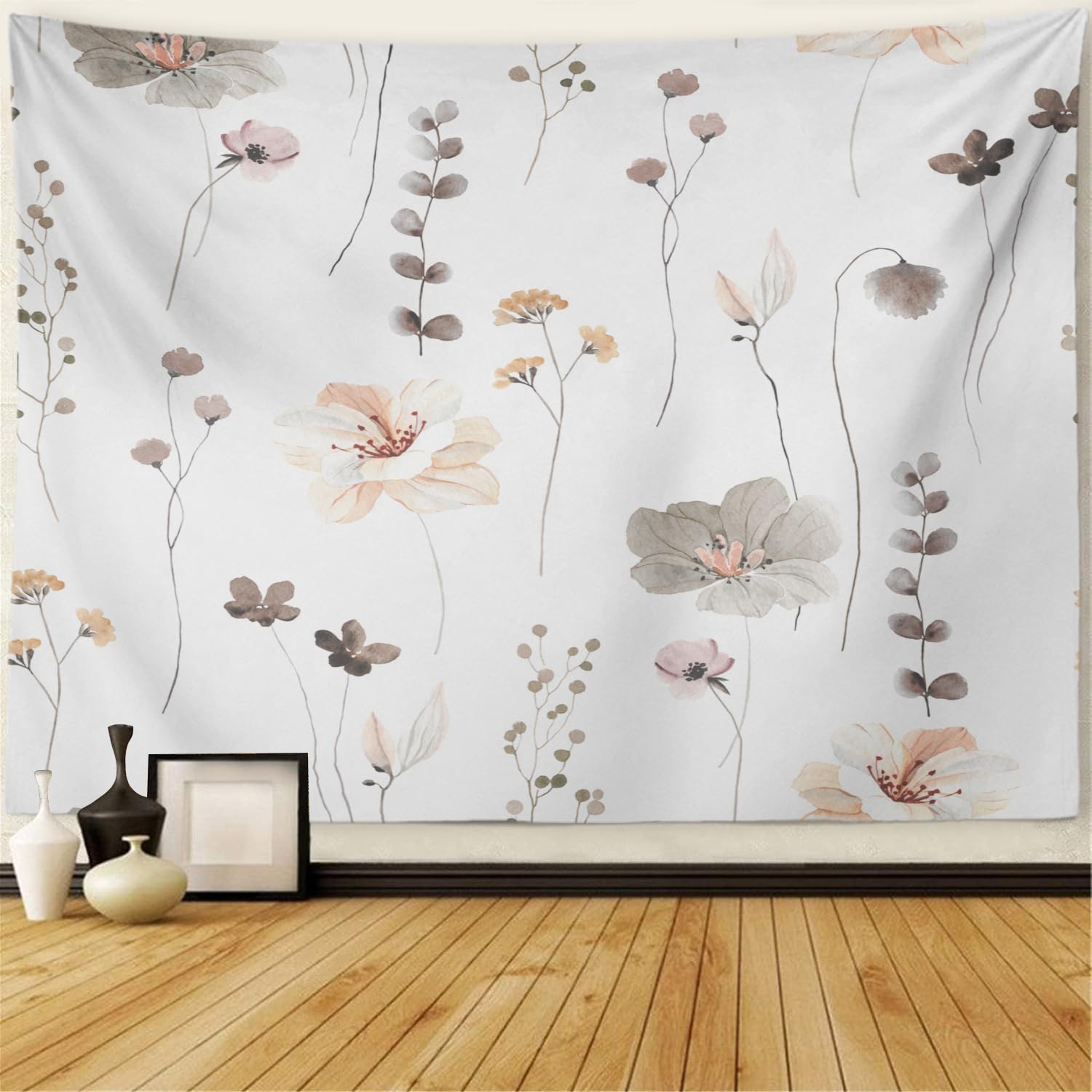 TRISEASYBrown Wall Tapestry Floral Abstract Blue and Beige Flowers Delicate Branches Leaves Watercolor Tapestry Wall Hanging Wall Decor Tapestry for Bedroom Living Room 51x59 Inch