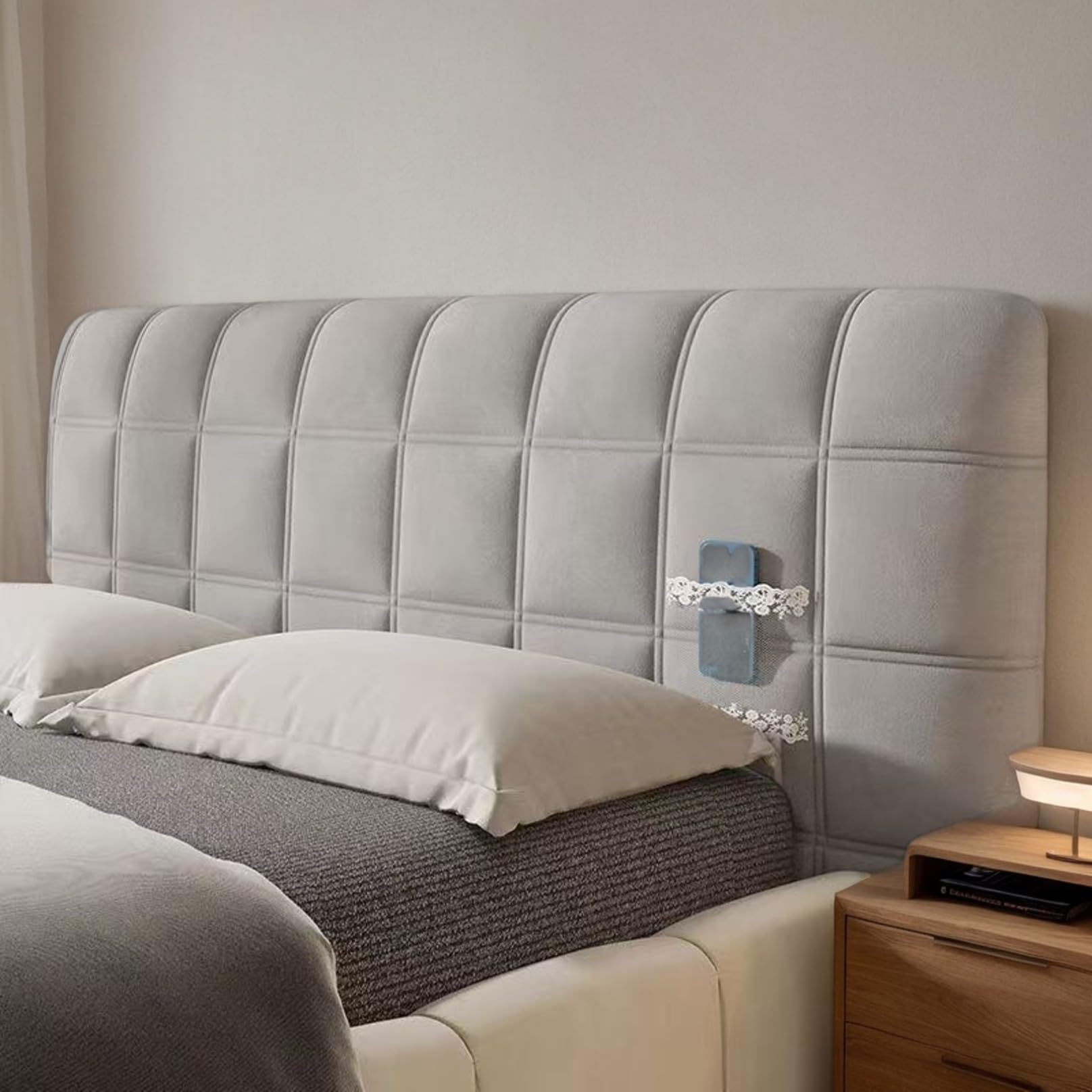 DOSYCOVUR Soft Velvet Headboard Protector Dustproof Washable Full Cover for King Size Double Single Beds Cushioned Padded Headboard Cover for Wooden Tall Headboard Beds,Grey,220cm