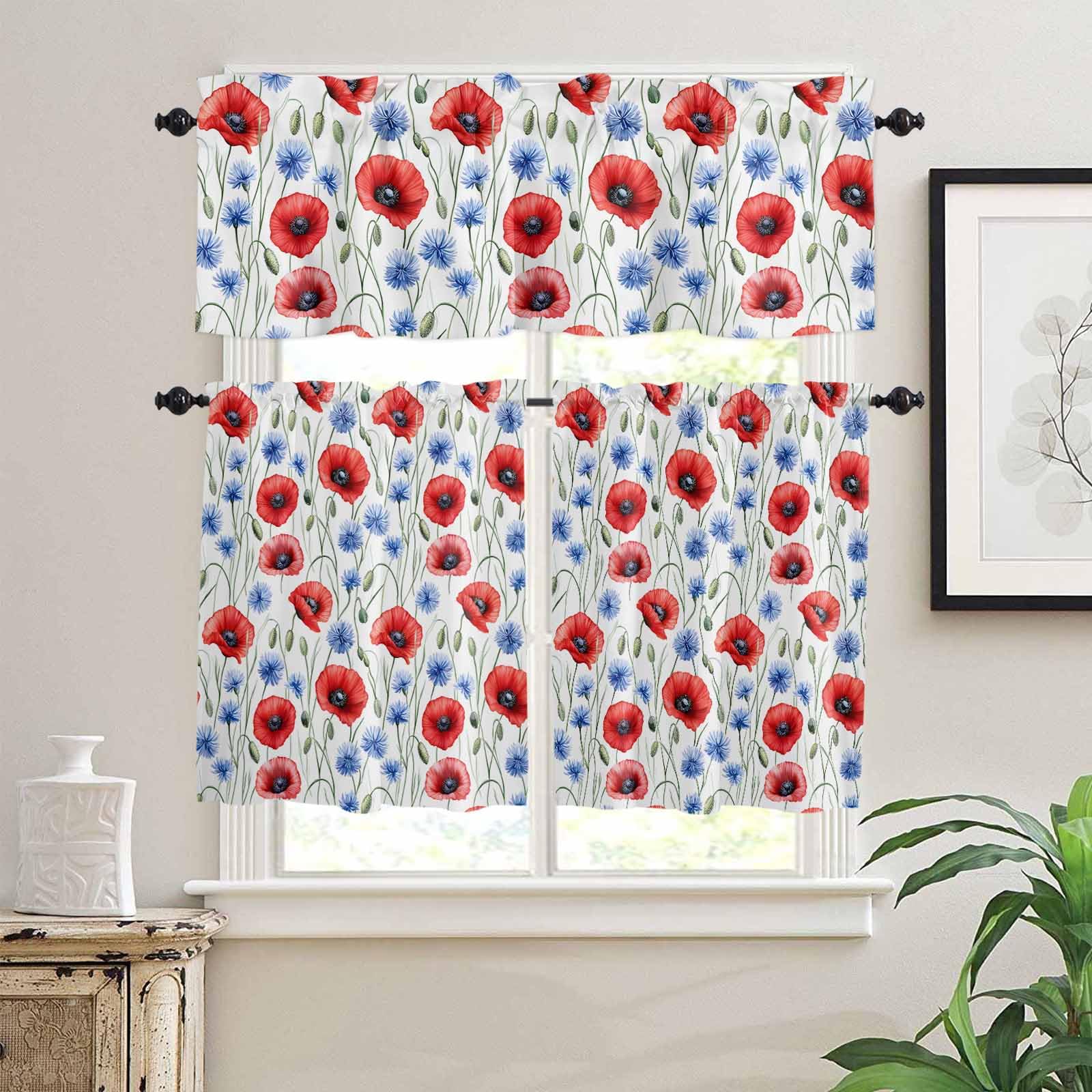 4th of July Flower Kitchen Curtains 36 Inch Length, 3 Piece Rod Pocket Small Half Tiers and Valance Set, Patriotic Red Blue Poppy Floral Small Large Window Treatment Decor for Bedroom/Bathroom Sink