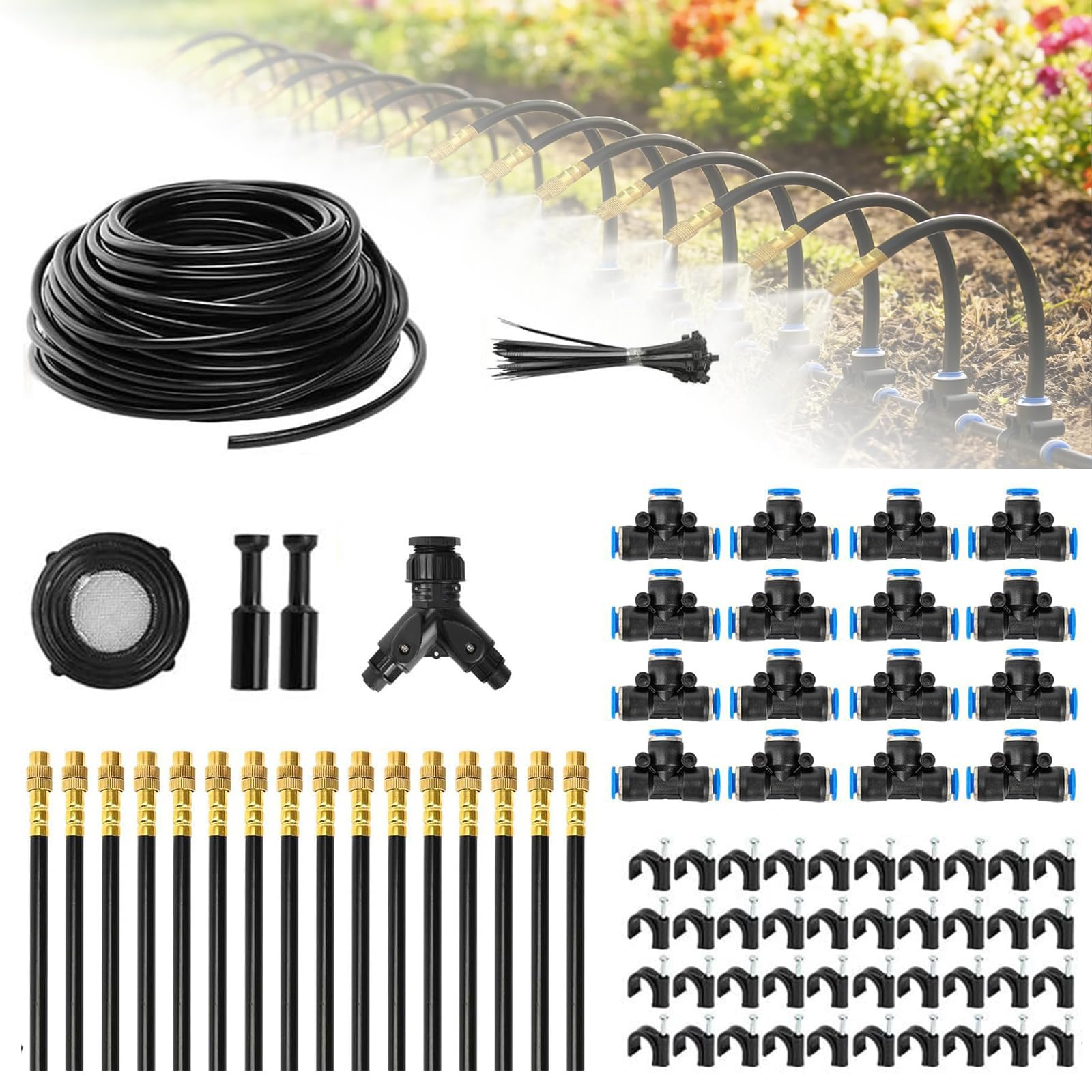 100 FT Automatic Irrigation System Kit, with 16 Pcs 360° Adjustable Nozzles/ 3 Nozzles Modes, for Greenhouse, Garden, Lawn, Plant (30M)