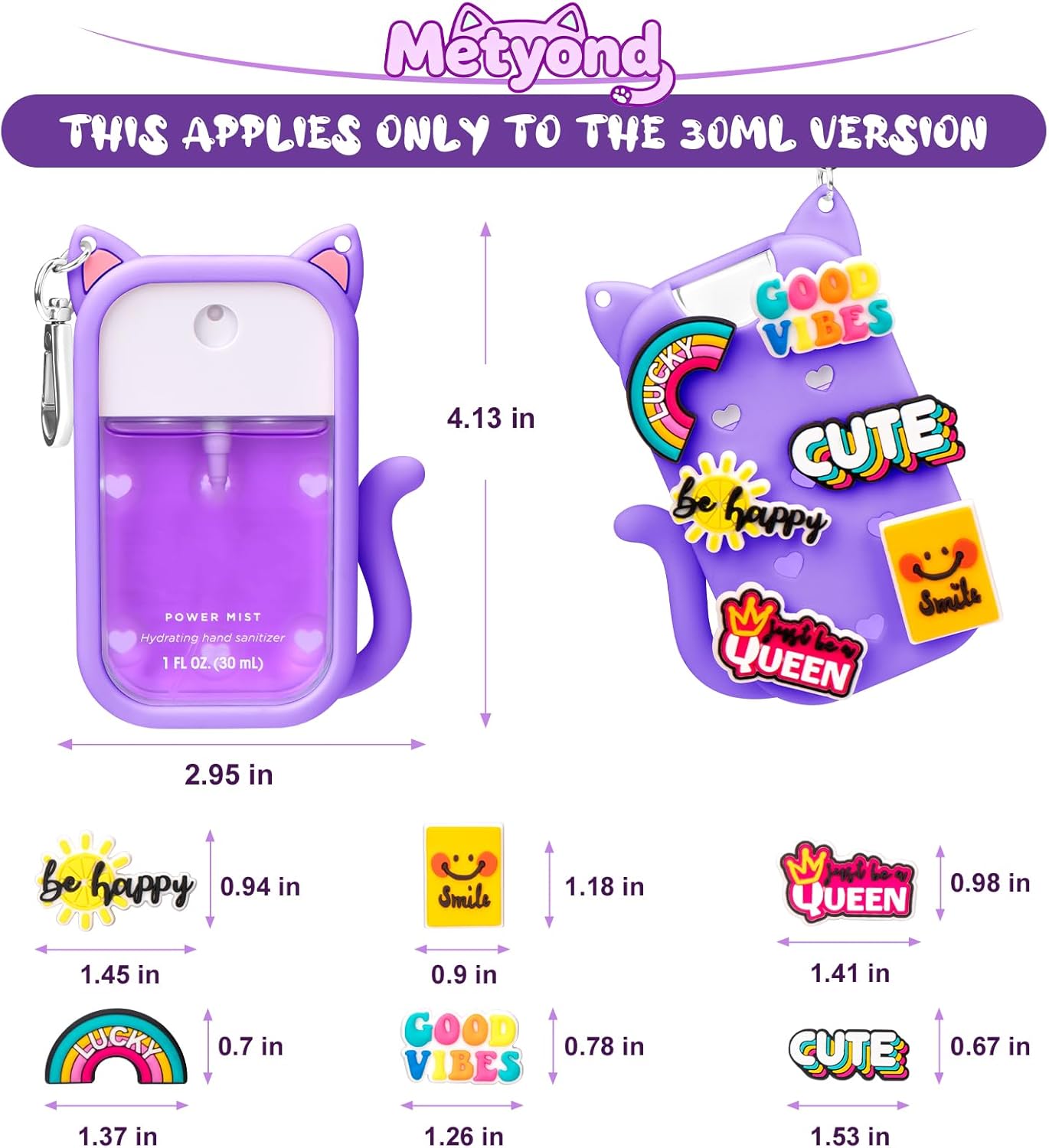 Metyond Silicone Case Compatible with Touchland Hand Sanitizer Spray 1 FL OZ/30ML, Portable Cat-shaped Case with 6 Charms and Keychain, Cute Hand Sanitizer Spray Accessory (1PCS Purple) - Image 2