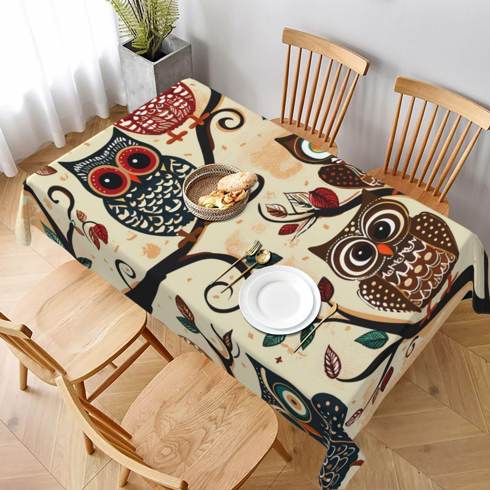 WPKJU Owls on Tree Branches Printed Tablecloth 60x90 in Water Resistant Table Cover Washable Rectangle Table Cloth for Dining Tables