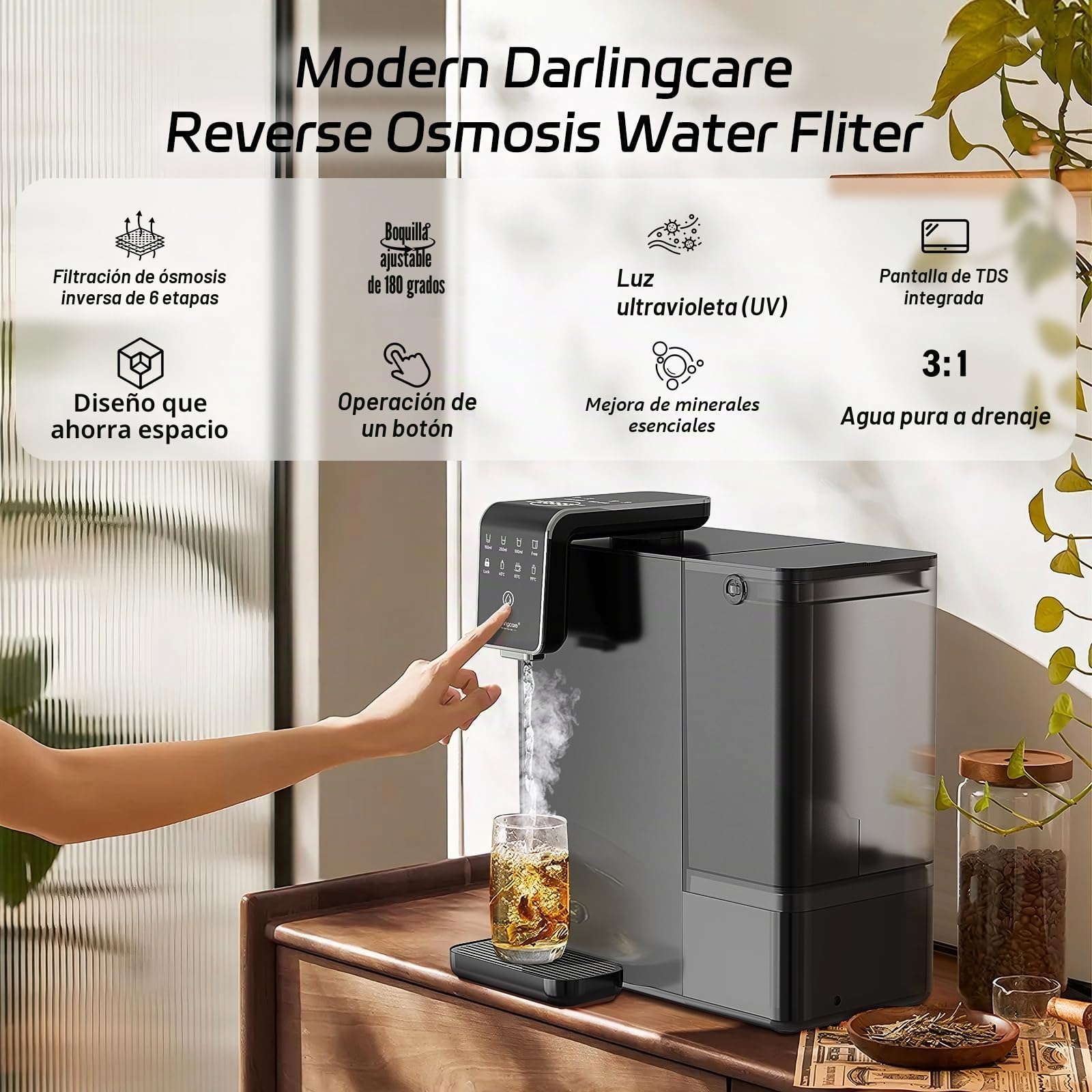 Osmosis Inversa Domestica dispensador de agua caliente Filtros Osmosis Inversa con 6 etapas de filtración monitor TDS en tiempo real 3:1 puro a desagüe para Cocina Oficina Hogar