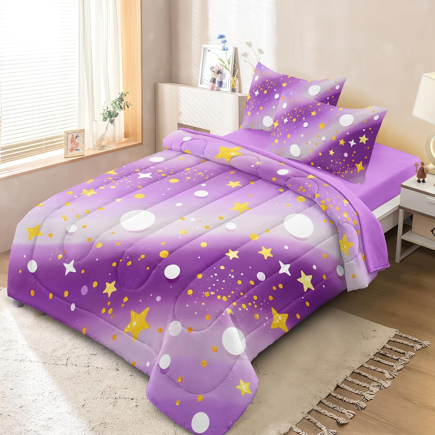 3 Pcs Full Bedding Sets for Girls, Purple Glitter Rainbow Full Size Bed Set, Stars Galaxy Bedding Comforter Set for Girls