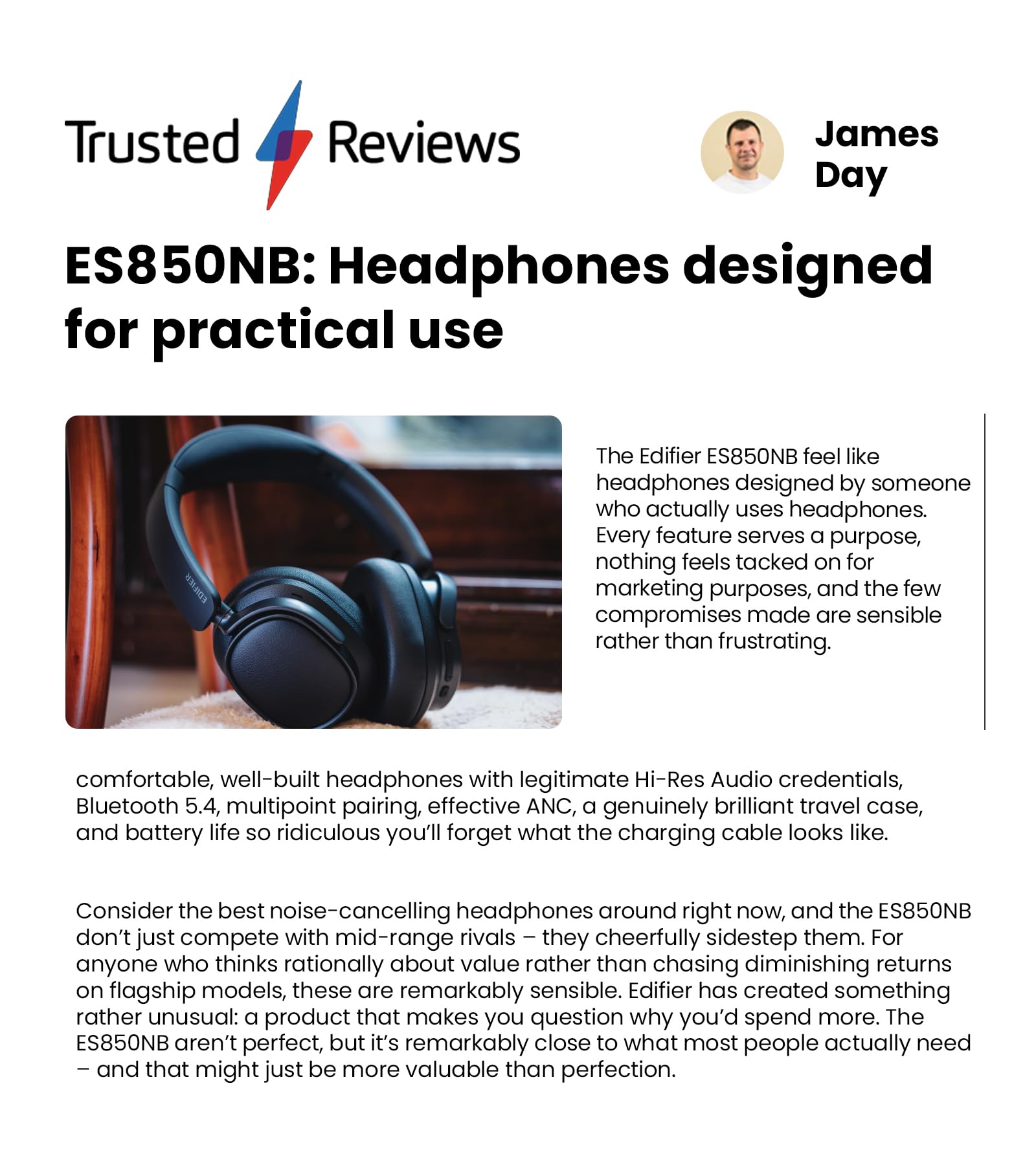 Edifier ES850NB Casque Supra-auriculaire sans Fil à réduction de Bruit, Hi-Res Audio, LDAC, 92H d'autonomie, Bluetooth 5.4 & Multipoint, AI Call Noise Reduction, Touch Control, Foldable Design，Marron