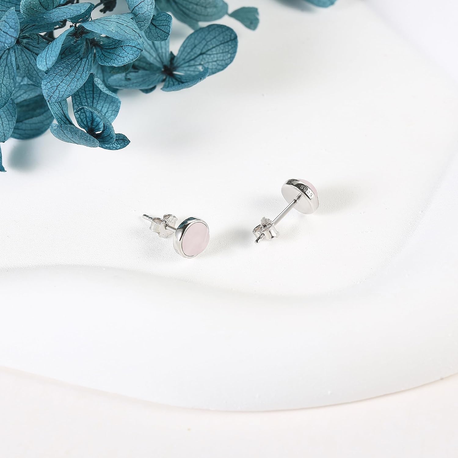 Larimar/Aquamarine/Lapis Lazuli/Moss Agate/Amethyst/Turquoise/Onyx/Tiger Eye/Moonstone/Labradorite/Rose Quartz Earrings Stud Sterling Silver Natural Heart/Round/Halo Gemstone... - Image 4