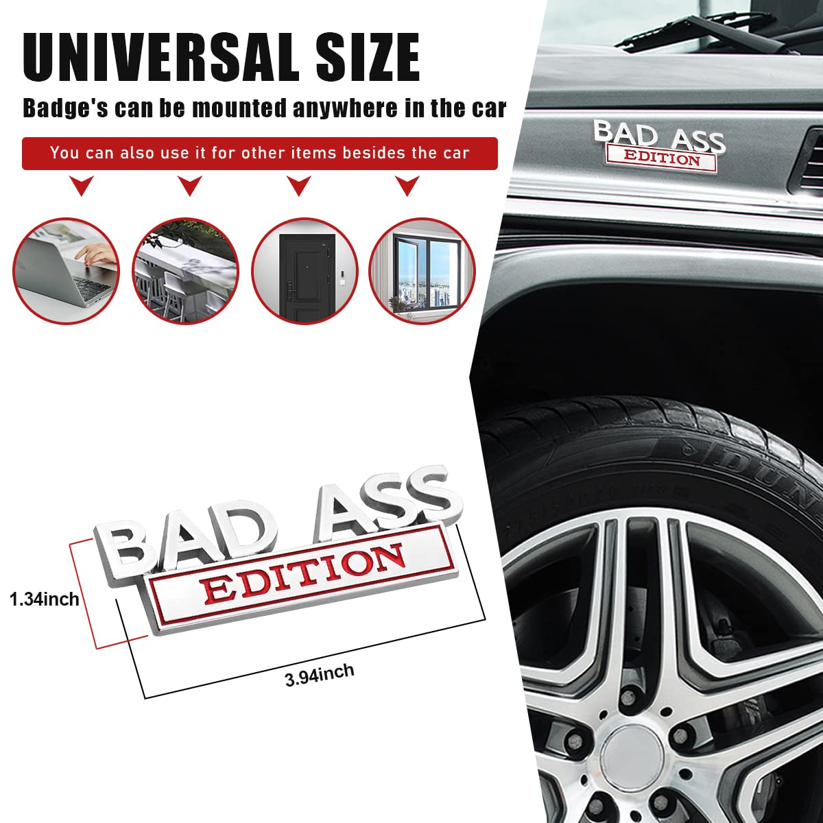 Emblema per auto Bad Ass Edition, 2 pezzi di ricambio per parafango 3D per auto, camion, accessori auto per portellone anteriore, cofano, cofano, compatibile con auto, moto, SUV (argento-nero