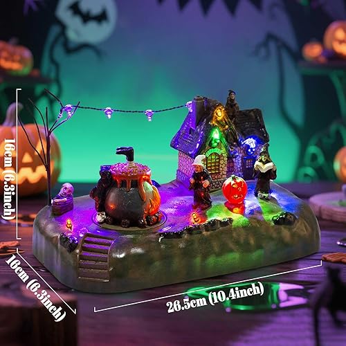 Miniatura 3 de Figura de caldero de bruja de pueblo de Halloween con casa iluminada, ciudad espeluznante, accesorios de decoración de interiores, para exhibición