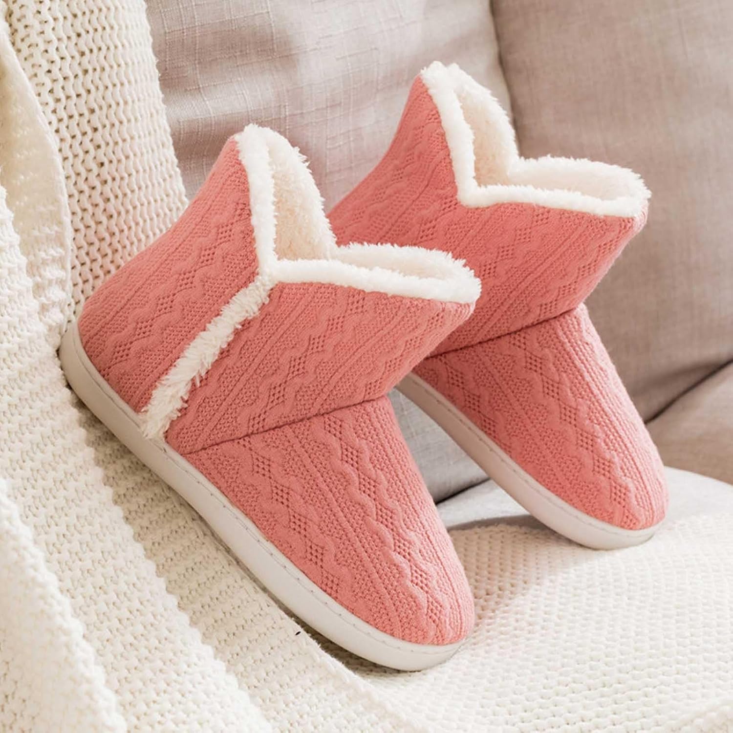 Knit Fuzzy Winter Bootie for Women:Fashion Lightweight Slip On Ankle Boots Fleece Warm House Outdoor Footwear Plush Shoes