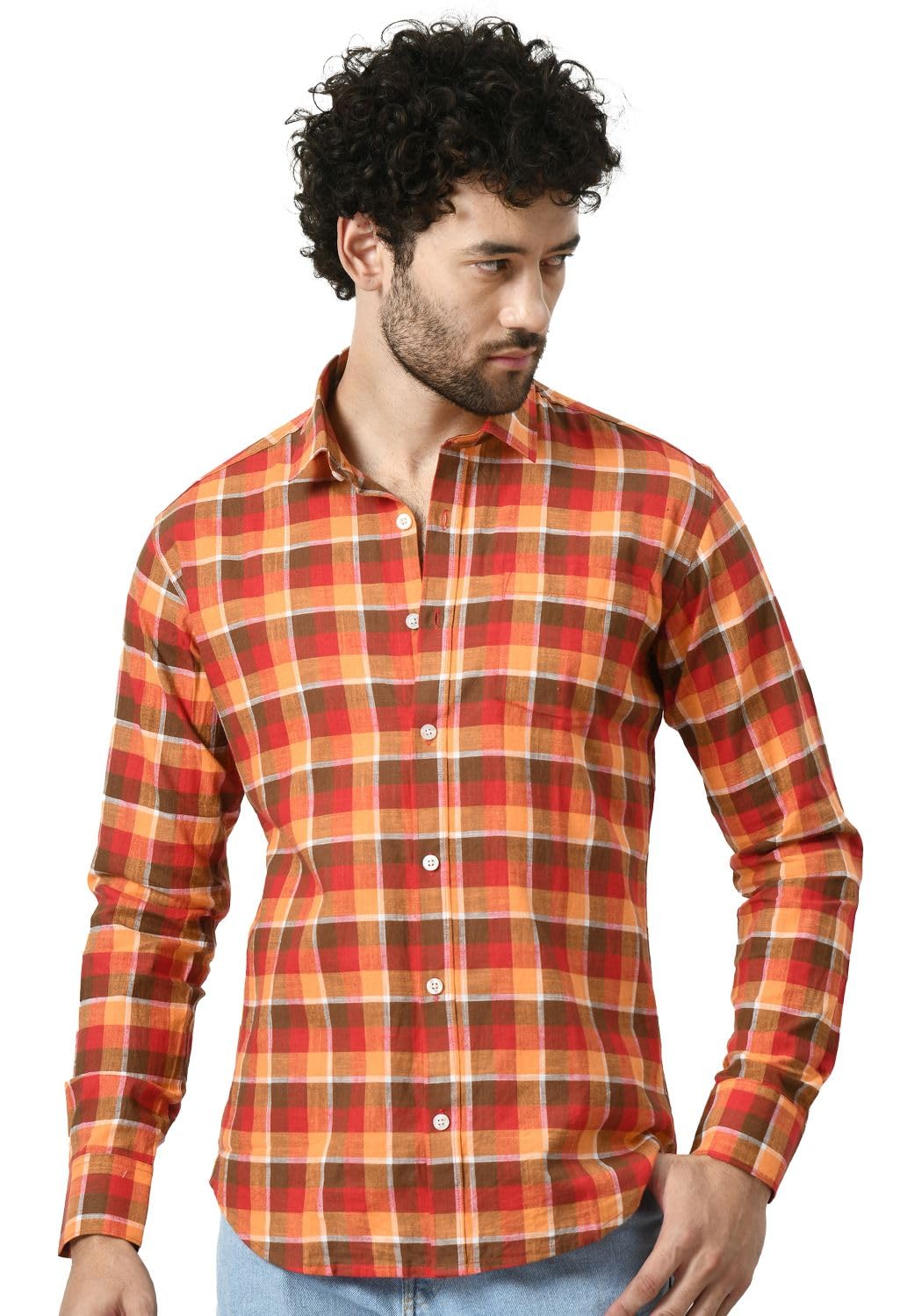 PEBCO Cotton Blended Checks Print Orange Full Sleeves Slim Fit Shirt-Pack of 1.