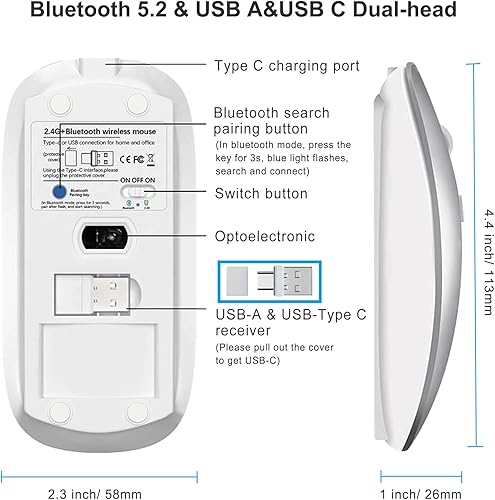 Miniatura 4 de Ratón inalámbrico Bluetooth USB C para MacBook Air Pro iMac Laptop Computer, Ratón C silencioso inalámbrico recargable para Mac DesktopiPadSurface
