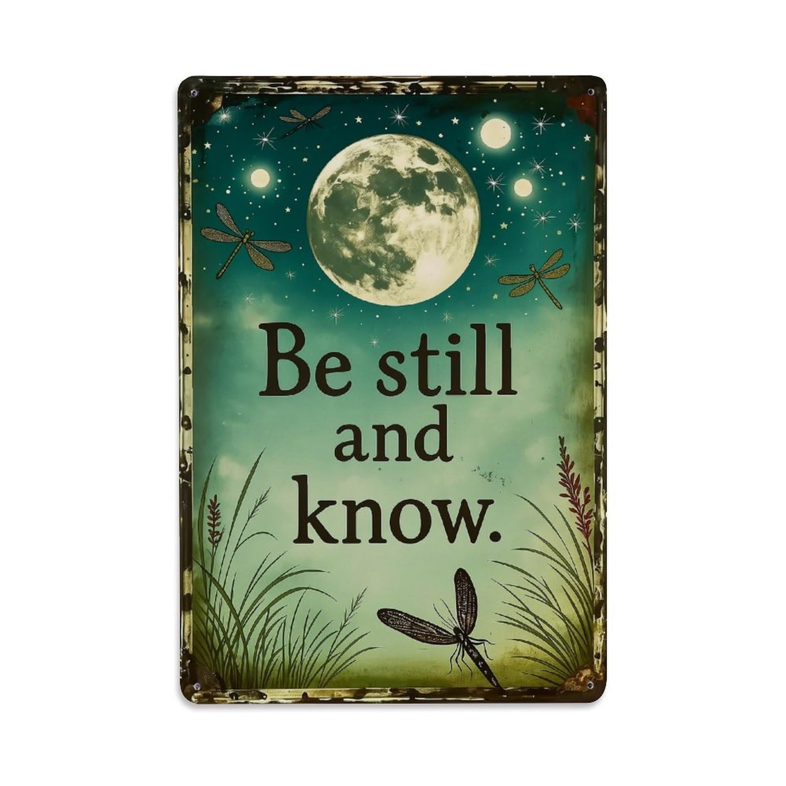 Jdfenggu Vintage Moon Dragonfly Stars Grass Night Retro Metal Tin Sign, Decor Art Poster For Bar, Home, Man Cave, Kitchen, Laundry Room Gift 8X12inch