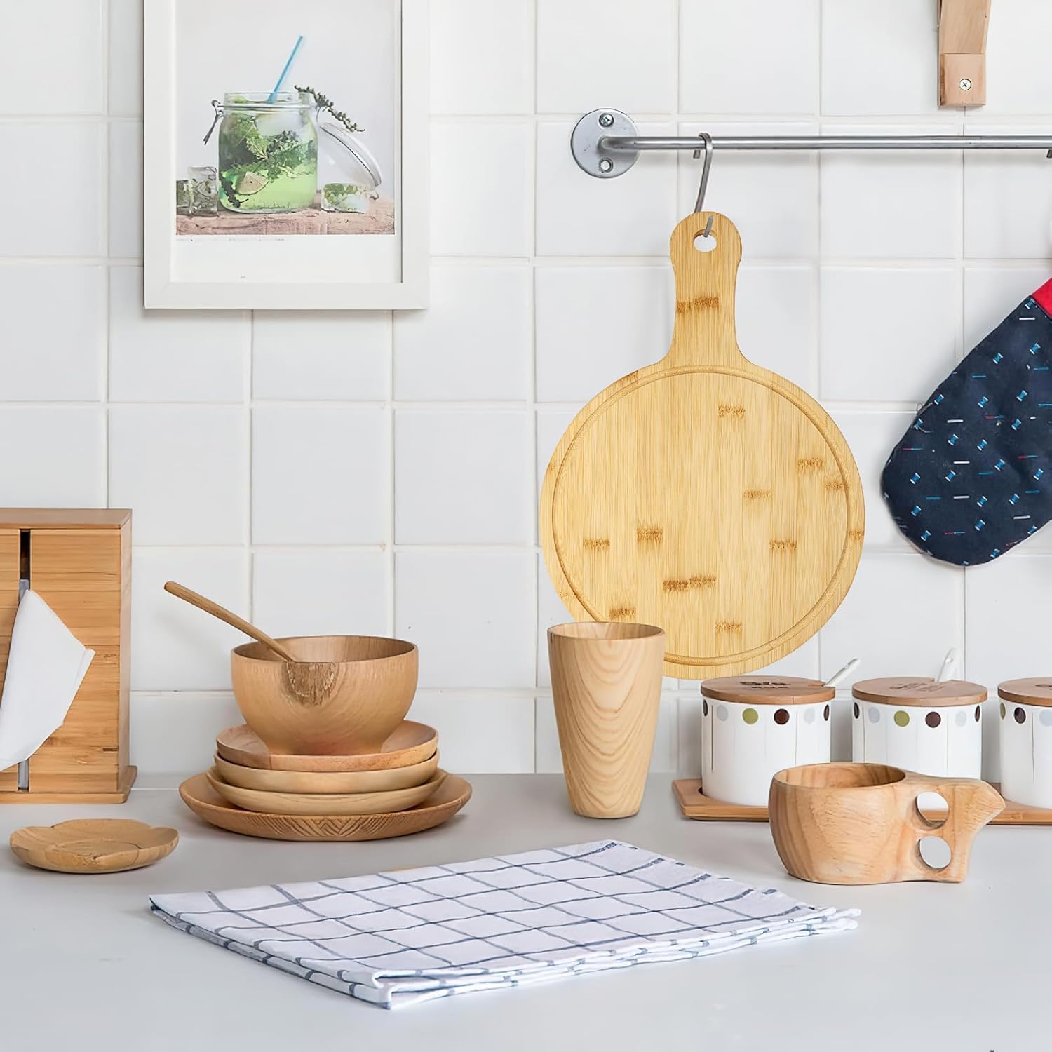 5 tablas de cortar de bambú con asa, tablas de servir redondas, tablas de cocina y tablas de madera para pizza, pan, queso, frutas, verduras, 40 x 28 cm