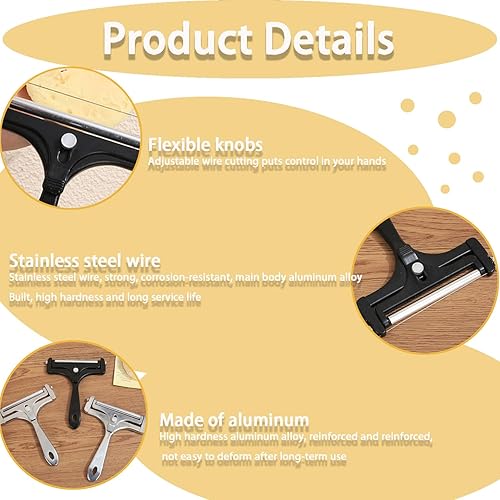 Miniatura 3 de Cortador de queso ajustable con 4 cables de repuesto adicionales, cortador de queso de aluminio resistente, fácil de reemplazar, rebanador de acero