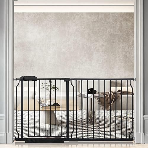 Extra Wide Baby Gate Tension Indoor Safety Gates Black Metal Large Pet Gate Pressure Mounted Walk Through Long Dog Gate for The House Doorways