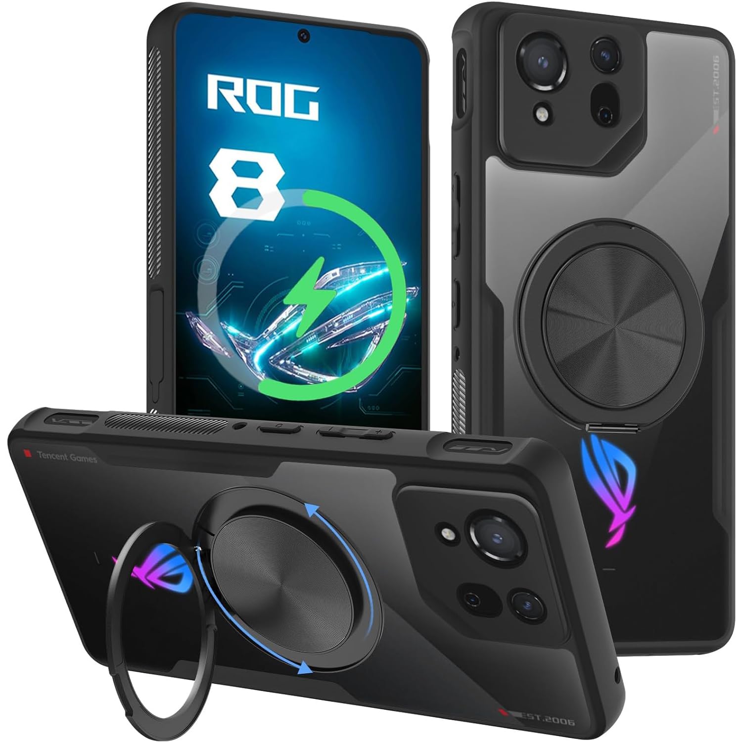 HikerClub Case for ROG Phone 8 and ROG 8 Pro (2024), 360 Rotatable Magnetic Stand Ring Holder, Non-Slip Pattern Scratch-Resistant Shockproof Cover Black