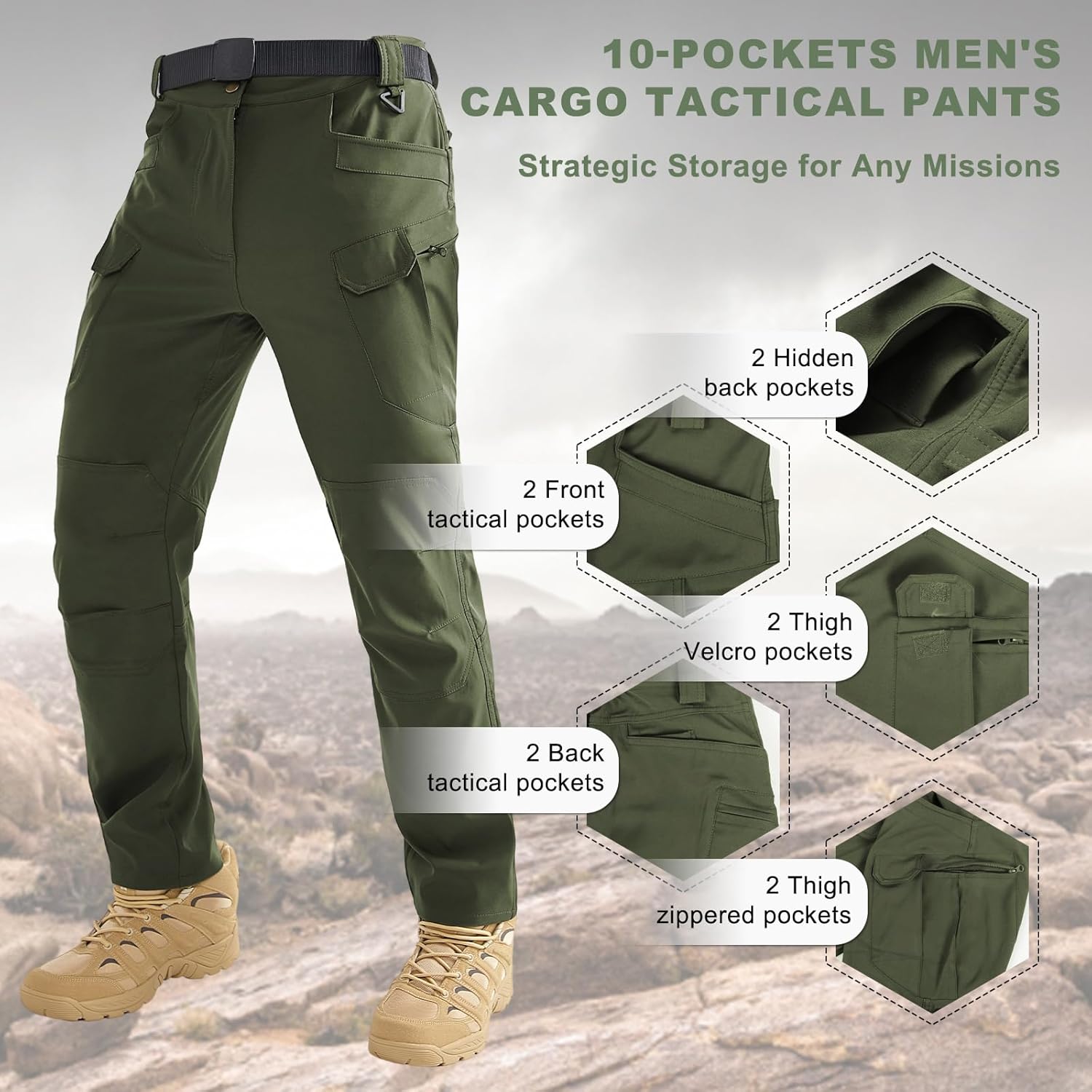 HYCOPROT Men's Cargo Hiking Pants Tactical Pant Work Utility Trousers for Men Durable Lightweight Military with 10 Pockets