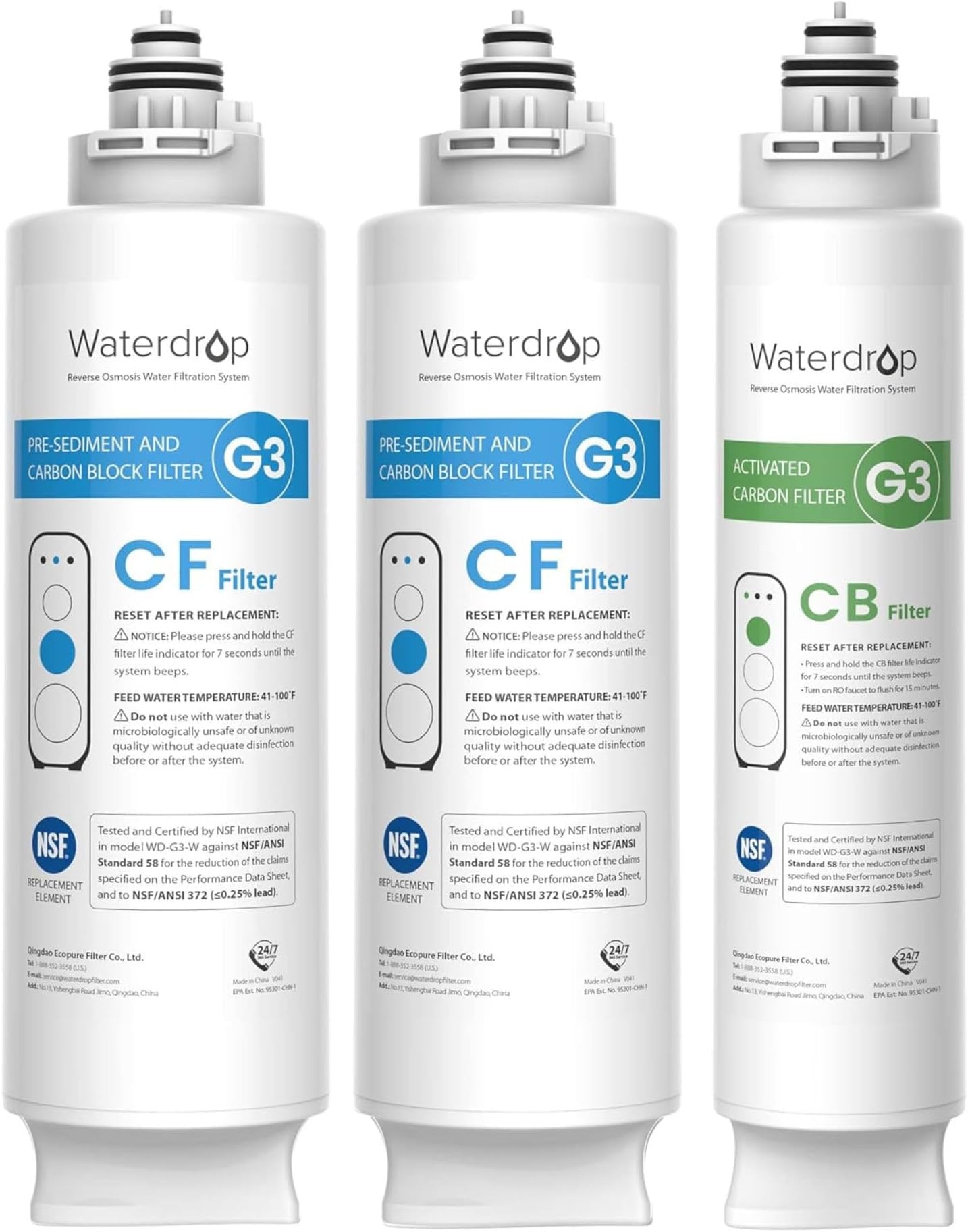 Waterdrop G3 Filters, Replacement for WD-G3-W, WD-G3P600 and WD-G3P800 Reverse Osmosis System, Pack of 2 CF Filters & Pack of 1 CB Filter, 1-Year Combo