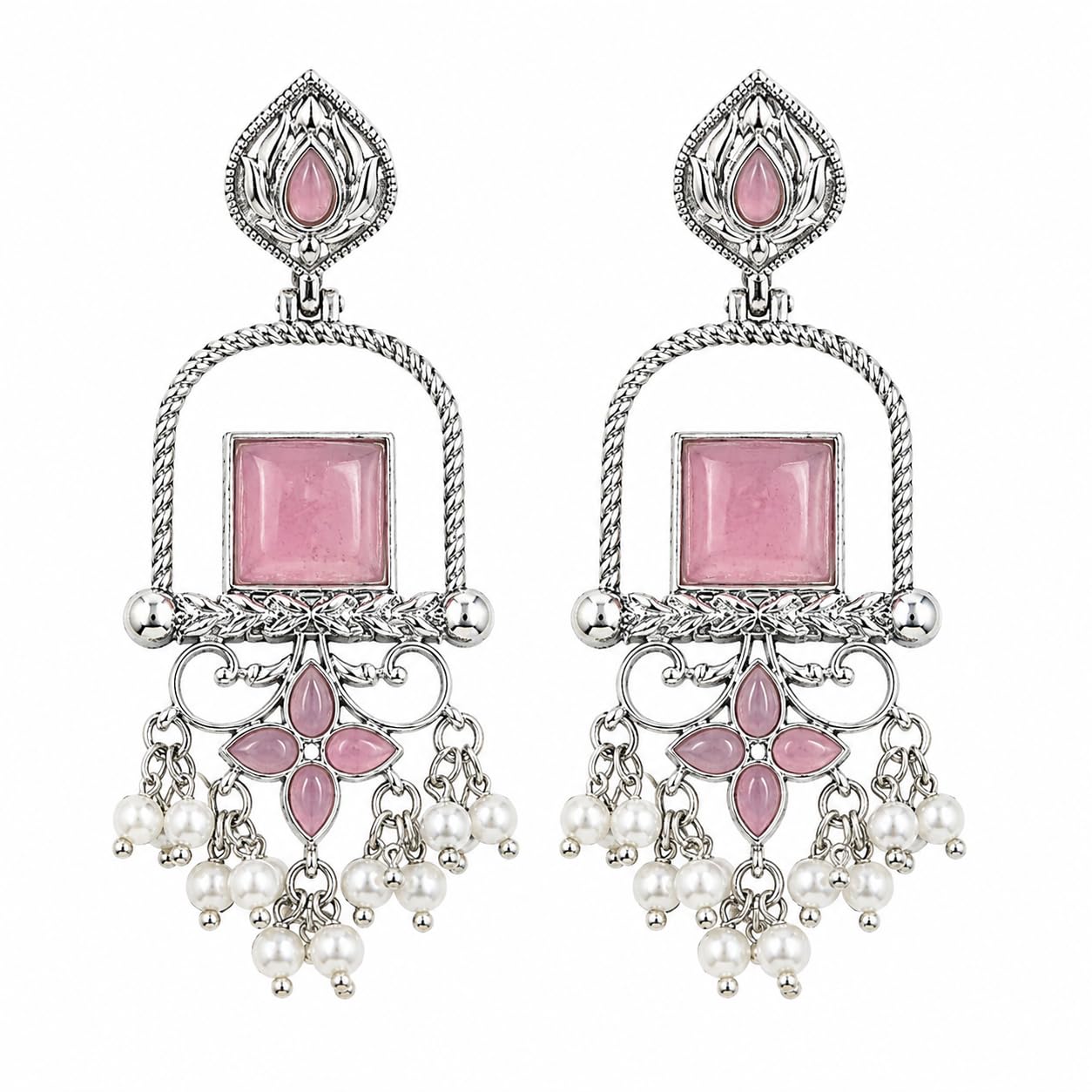 Pink Stone Chandbali Earrings for Women | Silver Tone Traditional Dangle Earrings with Pearl Drops | Earrings for Wedding, Festive & Casual Look-picture-21