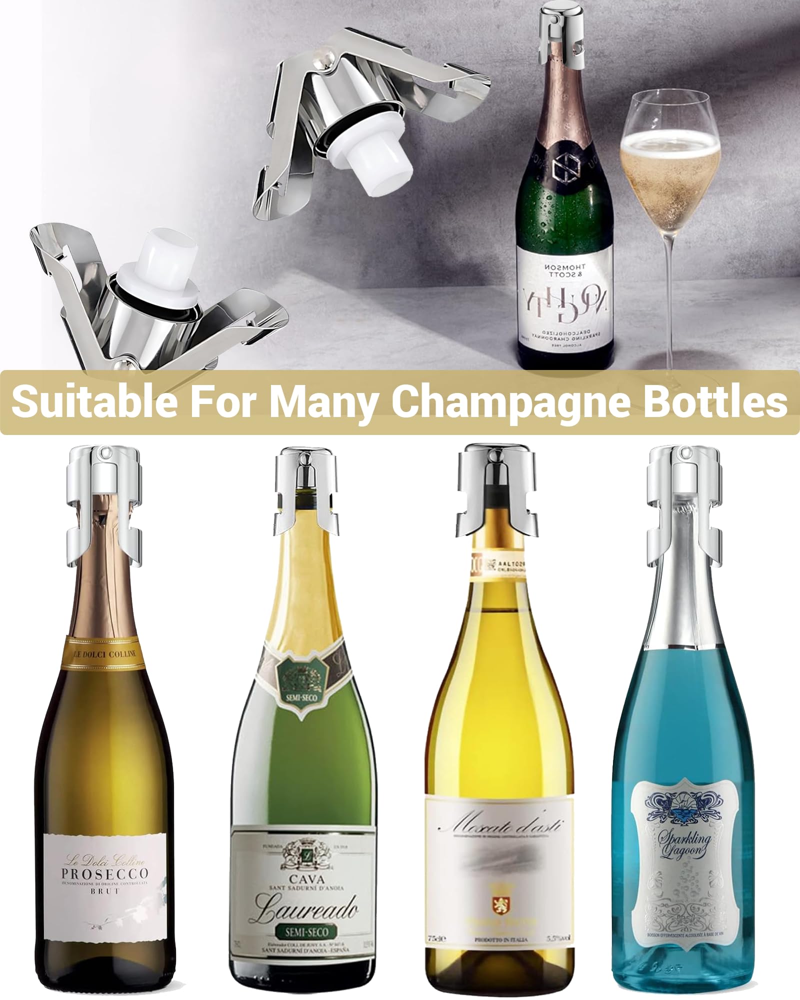 Tapones de champán, paquete de 2 tapones de vino de acero inoxidable a prueba de fugas con sello de silicona para cava, prosecco y más, color plateado 7