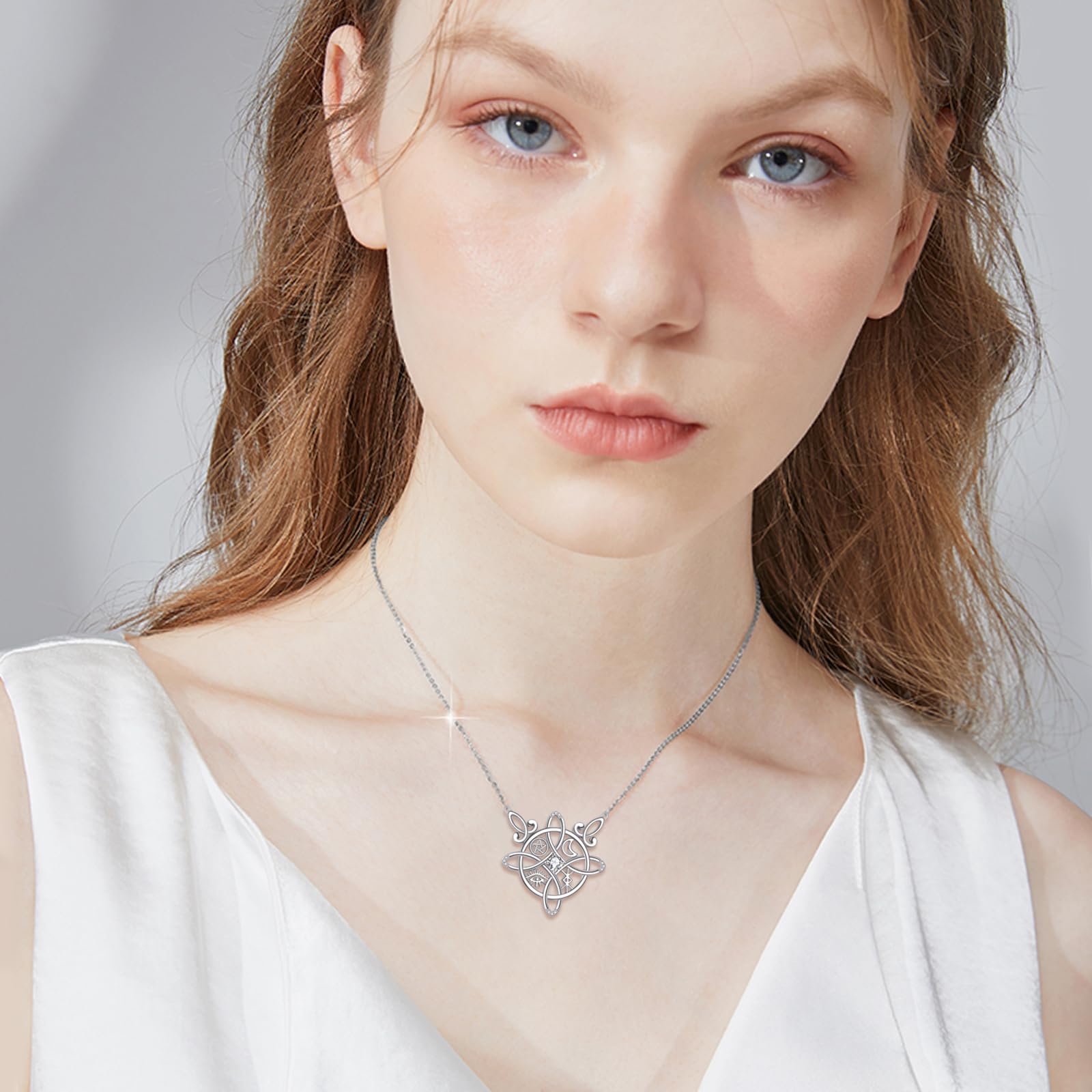 Hexenknoten-Halskette aus Sterlingsilber mit keltischem Kreuz, Hexenknoten-Amulett, Geschenk für Frauen