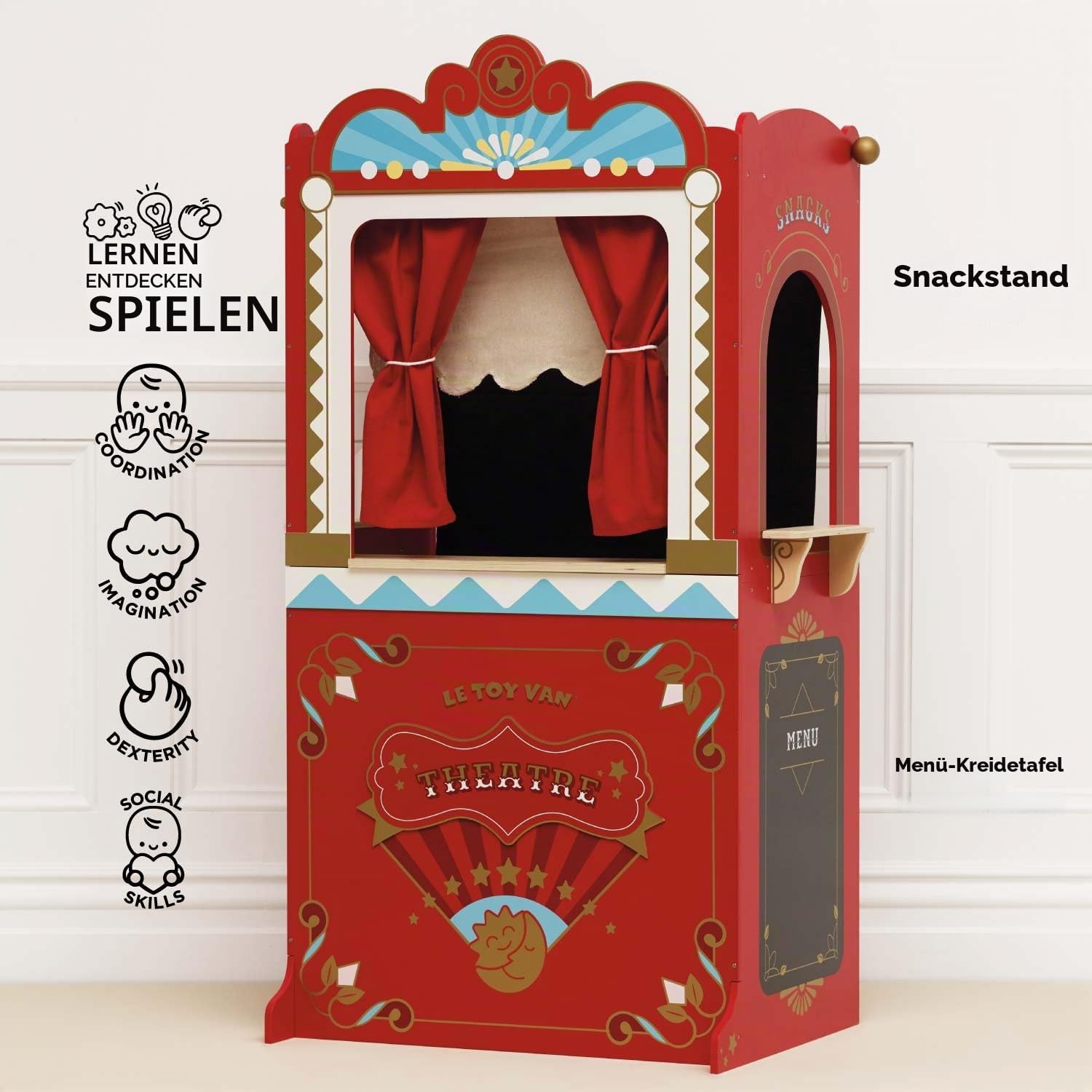 Le Toy Van - TV333 - Lernspiel ab 3 Jahren, große Holzpuppe und Puppentheater, 122 cm hoch, Montessori-Spielzeug, mit Wendeschild, 2 Tafeln, Vorhang mit echten Vorhängen