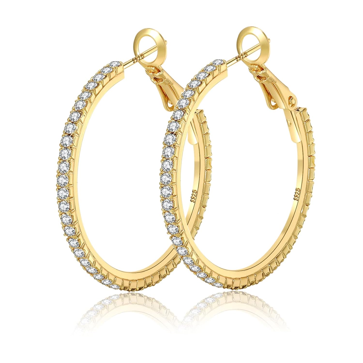 925 Sterling Silver Earrings Large Rhinestone Hoop Earrings Big Cubic Zirconia Hoop Earrings Thin Rhinestones Round Hoop Earrings