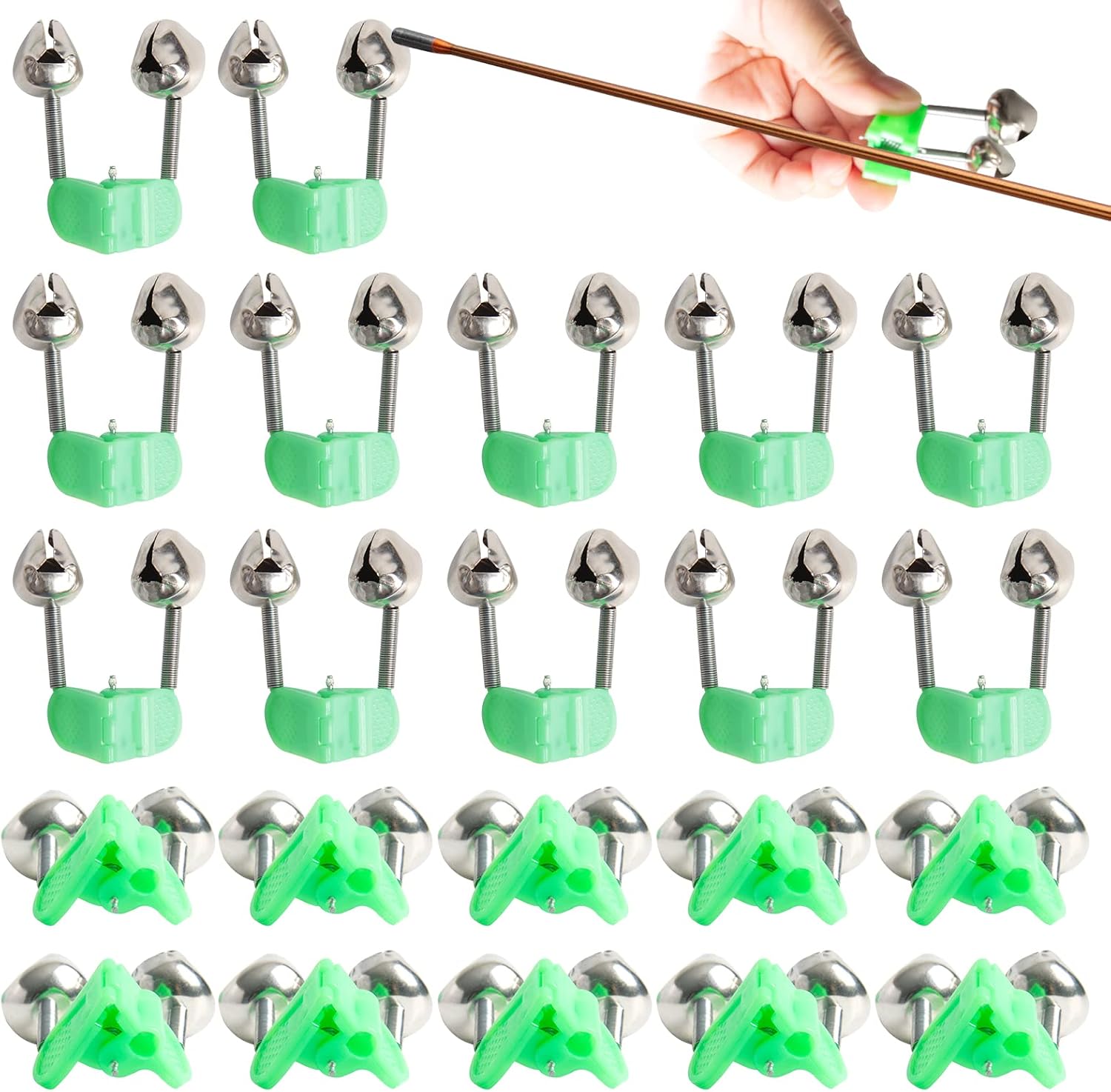 Hapy Shop 40 pcs Fishing Rod Alarm Dual Alert Bells Fishing Bells Ring Fishing Accessory,Green