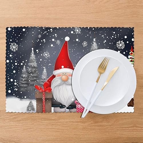 Miniatura 6 de Juego de 4 manteles individuales de gnomo de Navidad con copos de nieve, antideslizantes, resistentes al calor, lavables, para cocina, comedor,